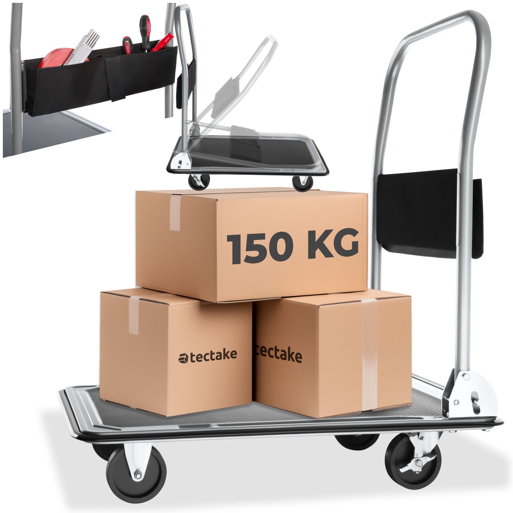 tectake Transportwagen Plattformwagen, Ladefläche 73 x 47 cm, extra Befestigungsösen, (Rollwagen, in schwarz), mit Aufbewahrungsfach, 2 Block- und 2 Drehrollen, Belastbarkeit 150 kg