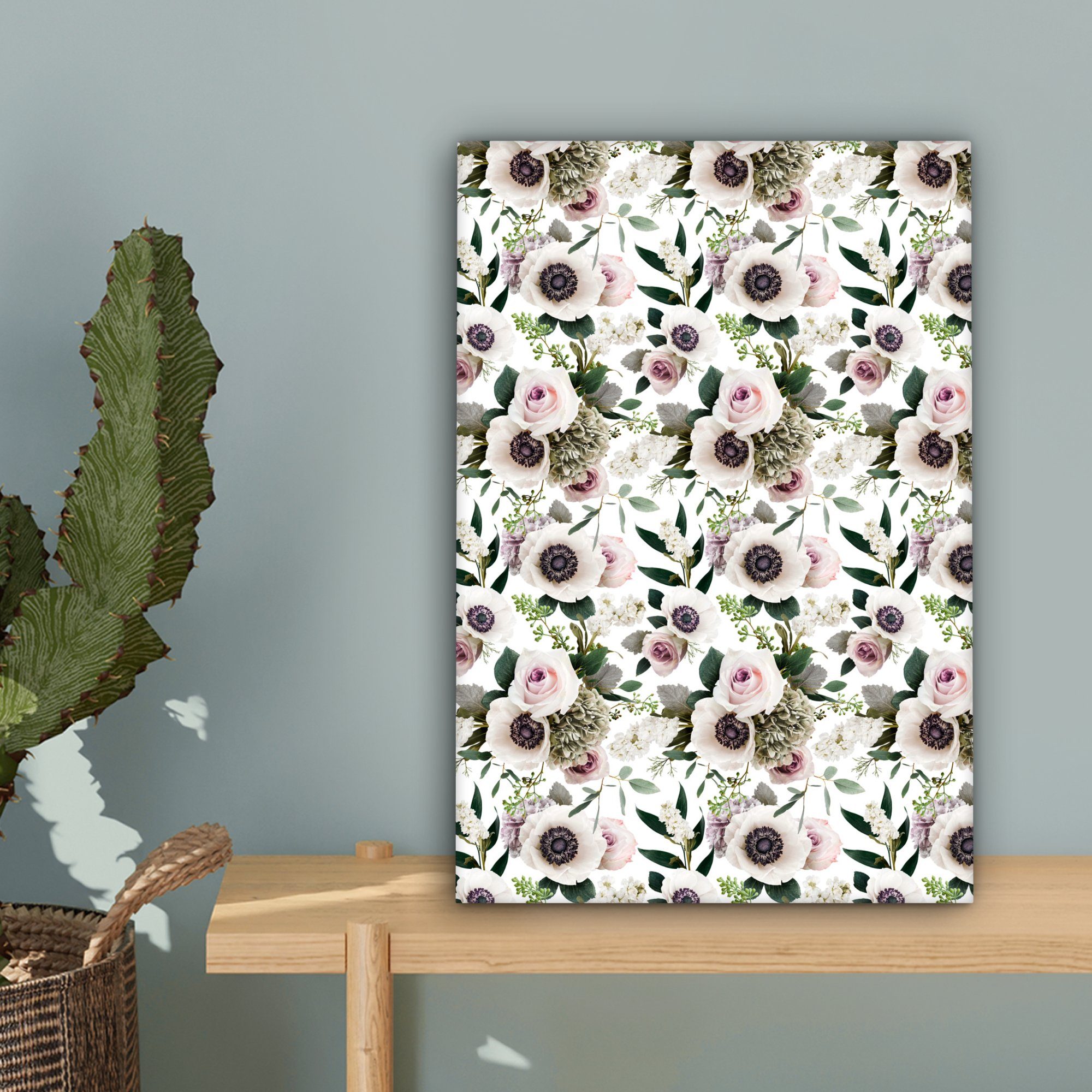 inkl. Rosen cm Leinwandbild (1 20x30 Blumen Zackenaufhänger, bespannt Gemälde, OneMillionCanvasses® fertig St), Leinwandbild - - Anemone,