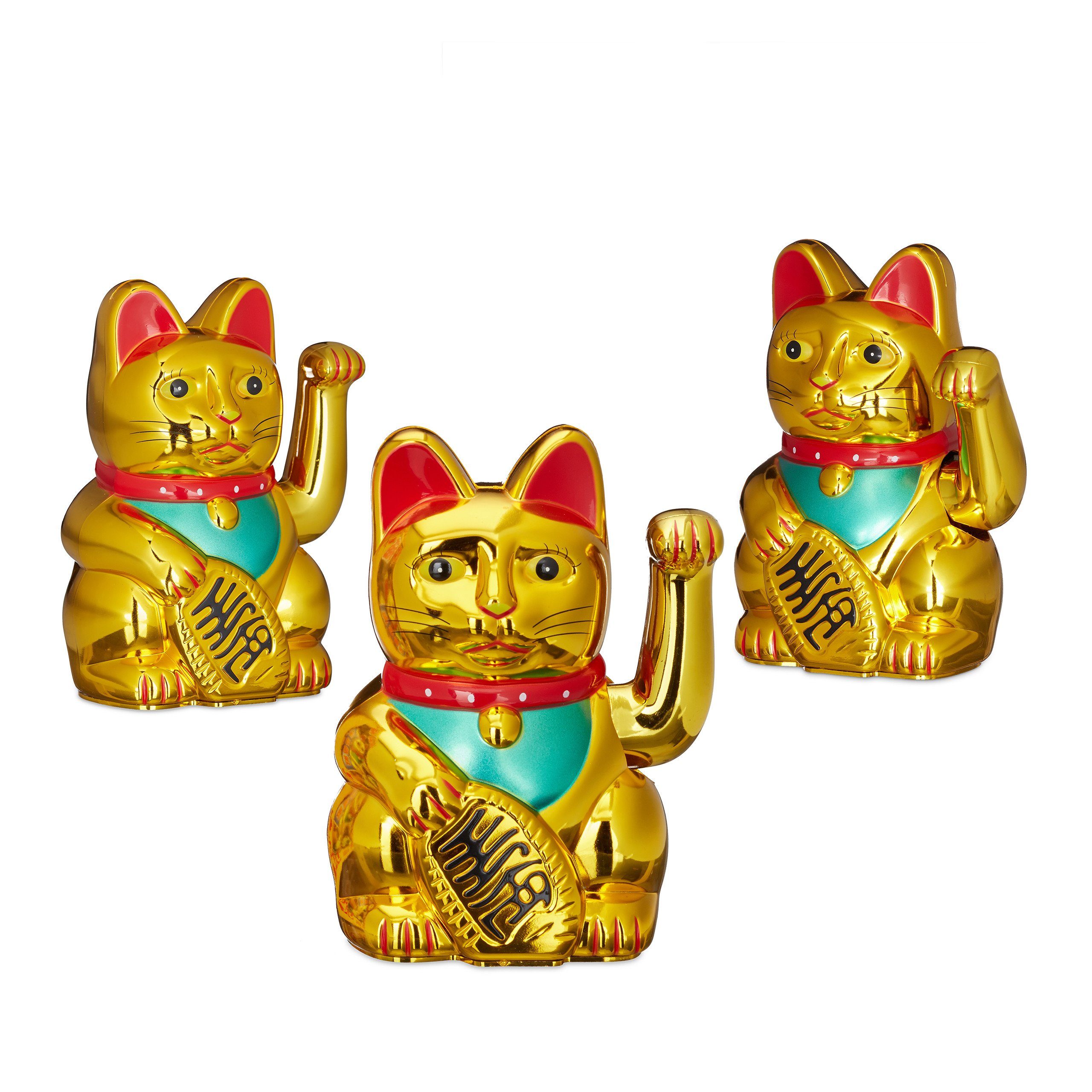 relaxdays Winkekatze 3 x Maneki Neko Winkekatze 16 cm