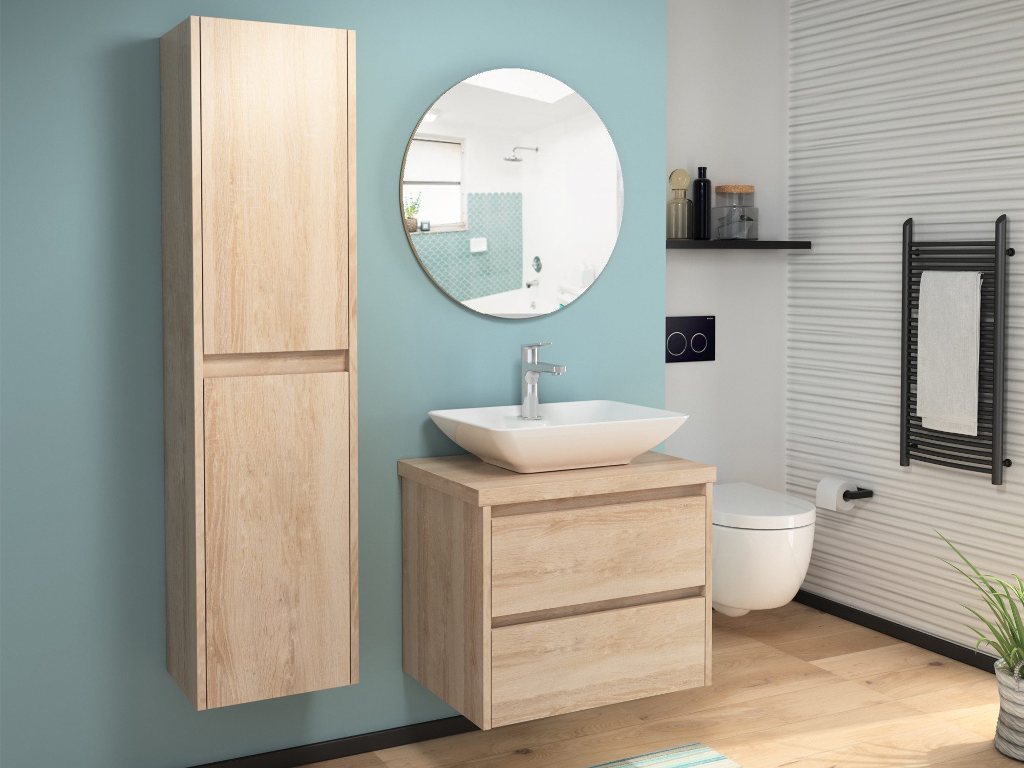 Aqua Bagno Badmöbel-Set mit Waschbecken, 60cm, Waschtisch-Unterschrank vormontiert, (1-St., Unterschrank, Trägerplatte und Aufsetzwaschbecken mit Hahnlochbohrung), Zwei Vollauszugschubladen mit Softclose Funktion