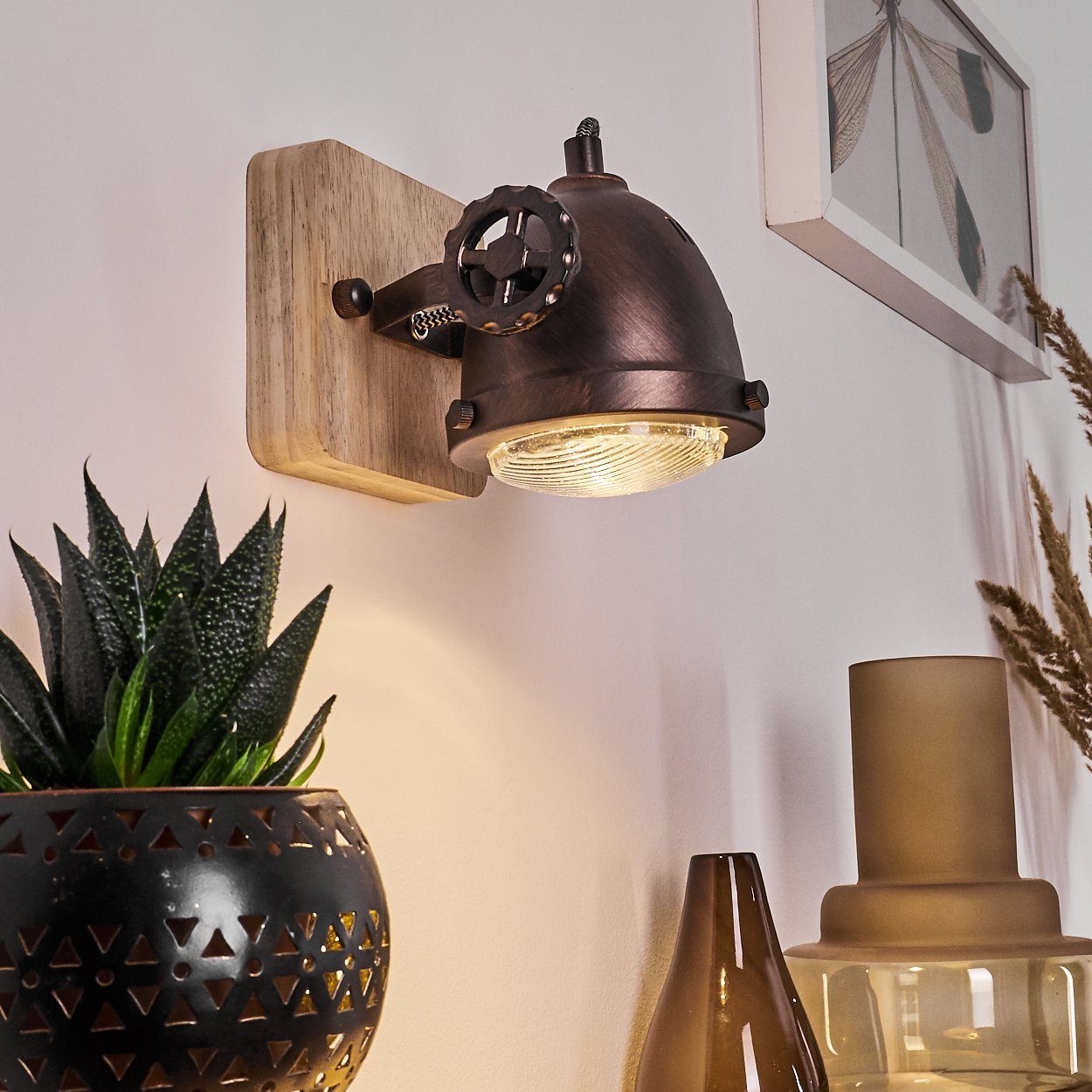 hofstein Wandleuchte »Biati« verstellbare Wandlampe, Metall/Holz/Glas, Braun/Kupfer/Natur, ohne Leuchtmittel, 1xGU10 Fassung max. 50 Watt, Wandspot im Retro/Vintage Design