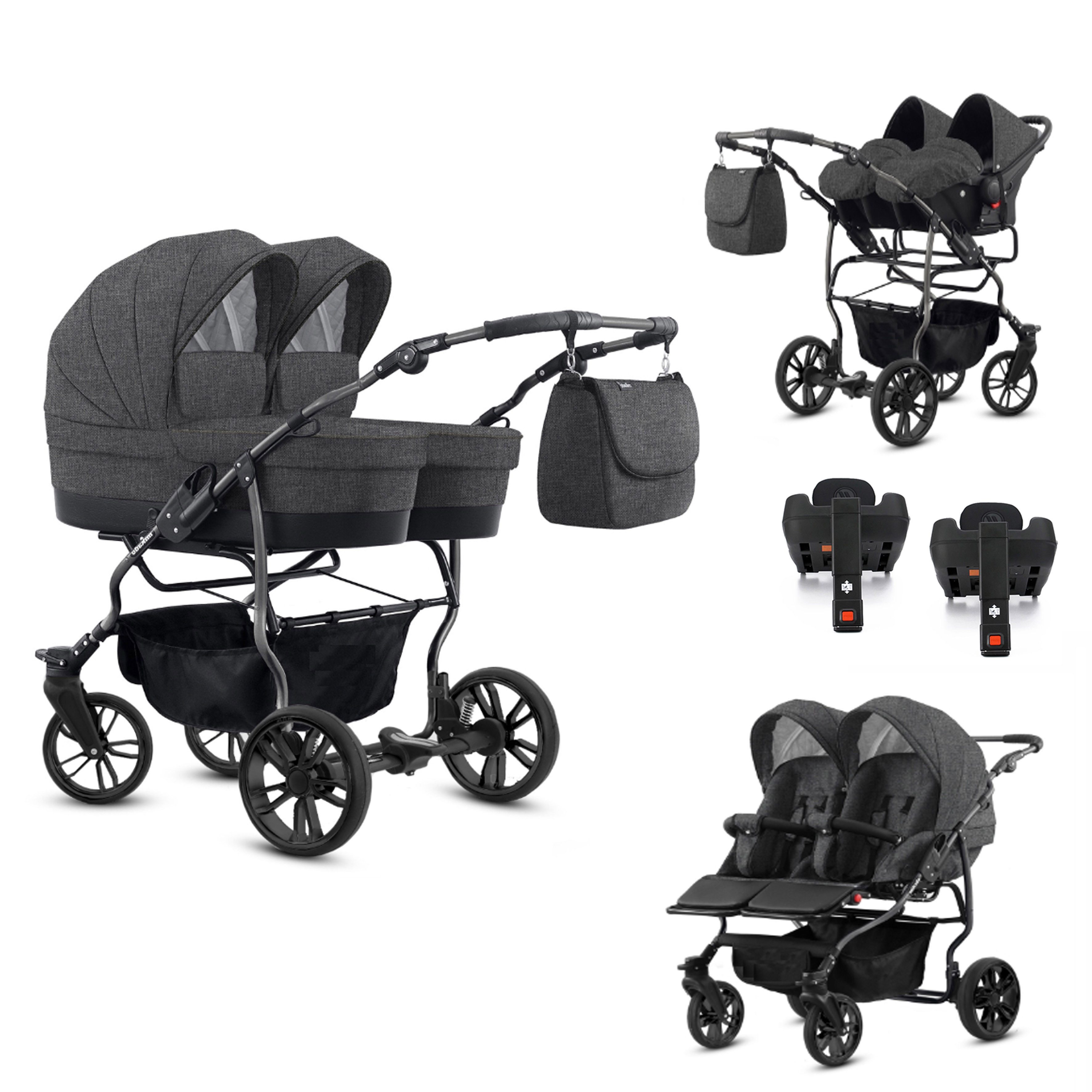 BabyMerc Zwillingswagen Twin Lux 5 in 1 inkl. Sportsitze, Autositze und Isos in 7 Farben
