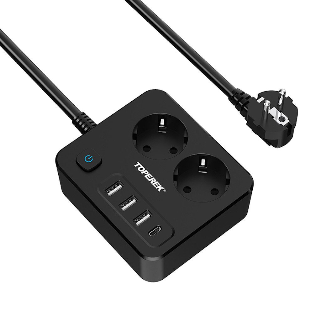 KUPU Mehrfachsteckdose mit 3USB-A&1USB-C Mehrfachsteckdose 2-fach (Ein- / Ausschalter, USB-Anschlüsse, Überspannungsschutz, Übertemperaturschutz, Kurzschlussschutz), Multifunktions-Mehrfachsteckdose mit Einzeln Schaltbar,2M Kabel