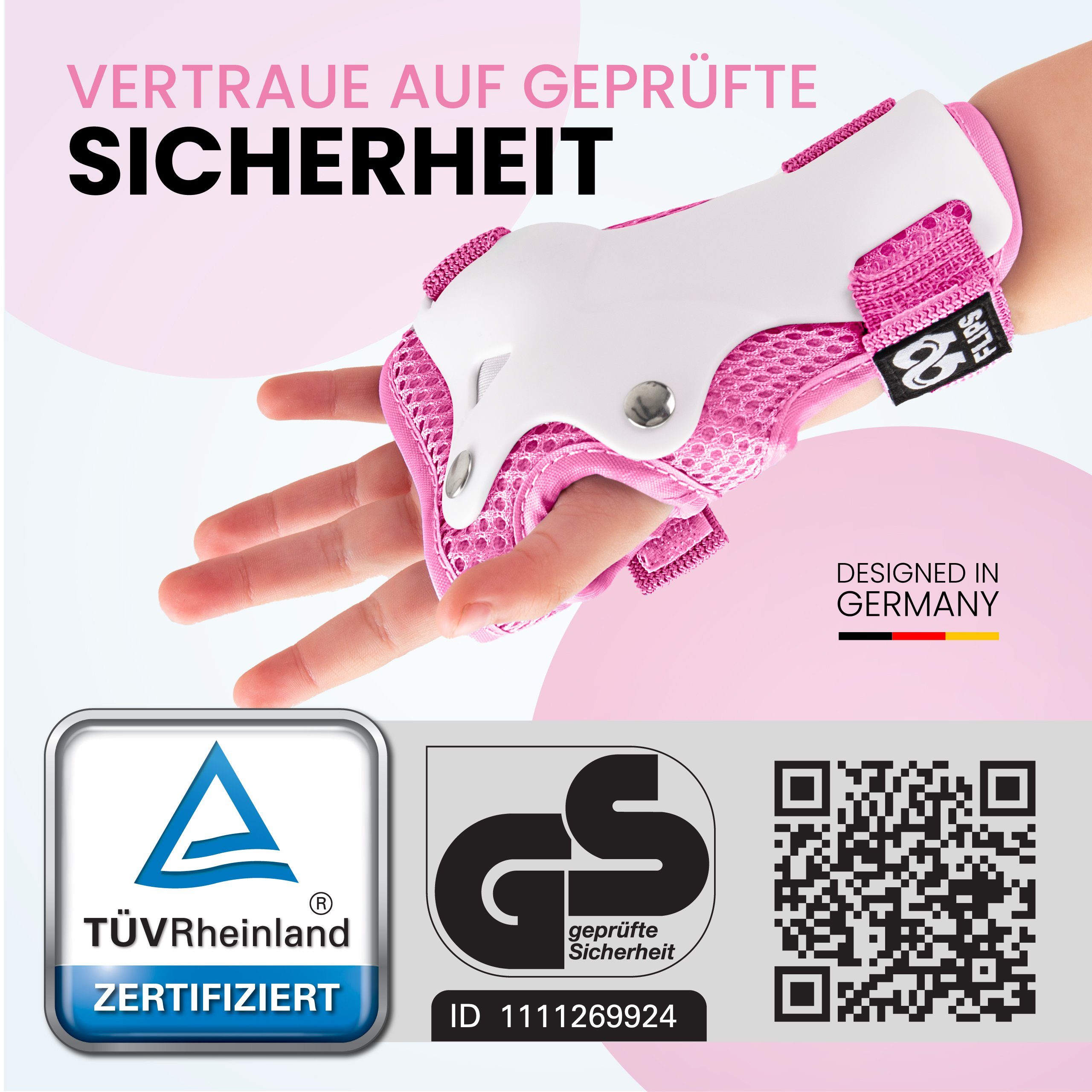 inkl. & Handschützer Inliner Tasche), Knieschützer, Ellenbogen Pink Kinder Schützer Schoner Rollschuhe 99FLIPS Kinder skates 6-tlg., Protektoren-Set Schoner Skateboard, für (Knieschoner Set Schützer Protektoren Schutzausrüstung Geschenke für & Schlittschuhe Kinder Skateboard