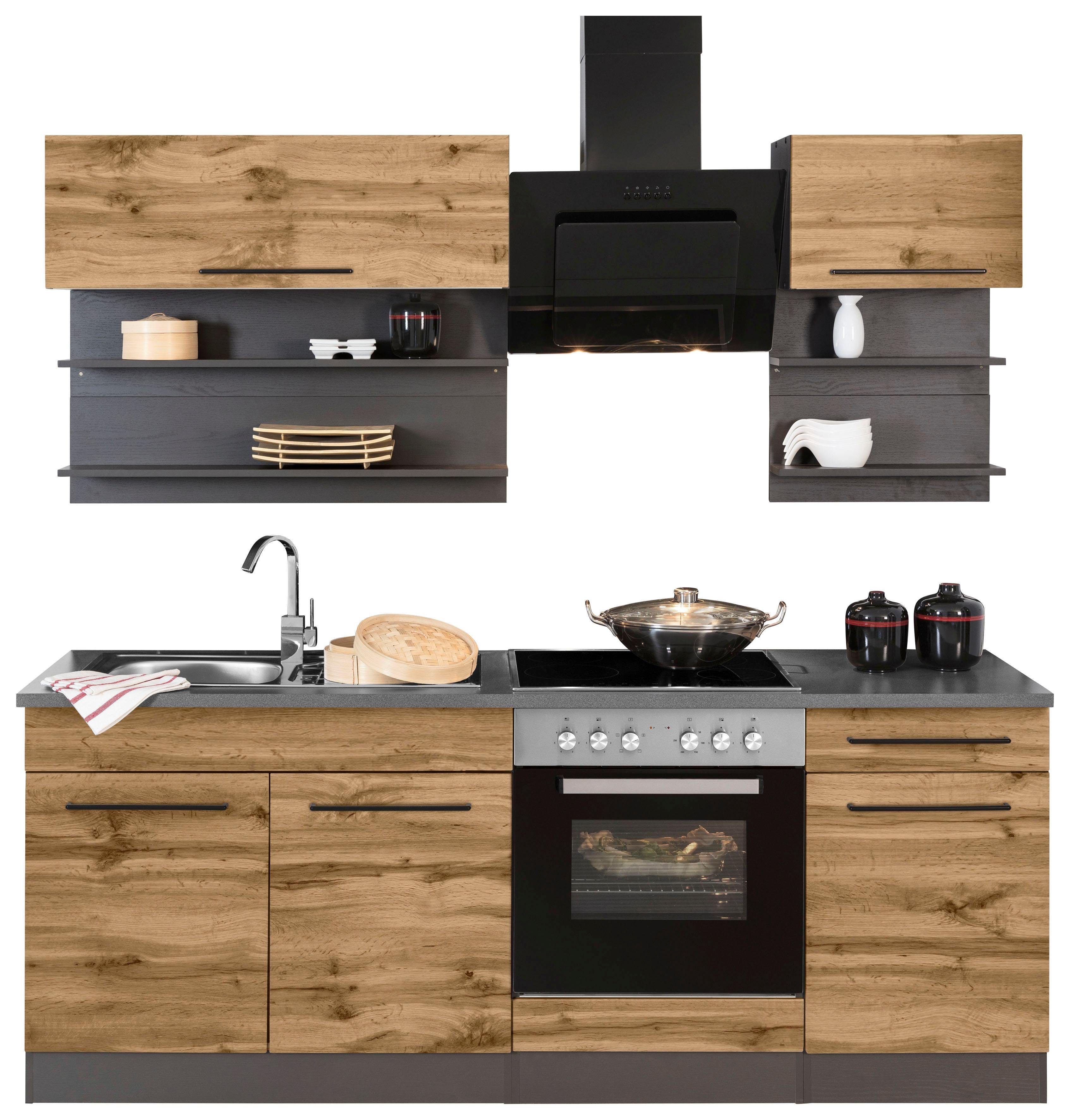 KOCHSTATION Küchenzeile KS-Tulsa, mit E-Geräten, Breite 210 cm, schwarze Metallgriffe, MDF Fronten