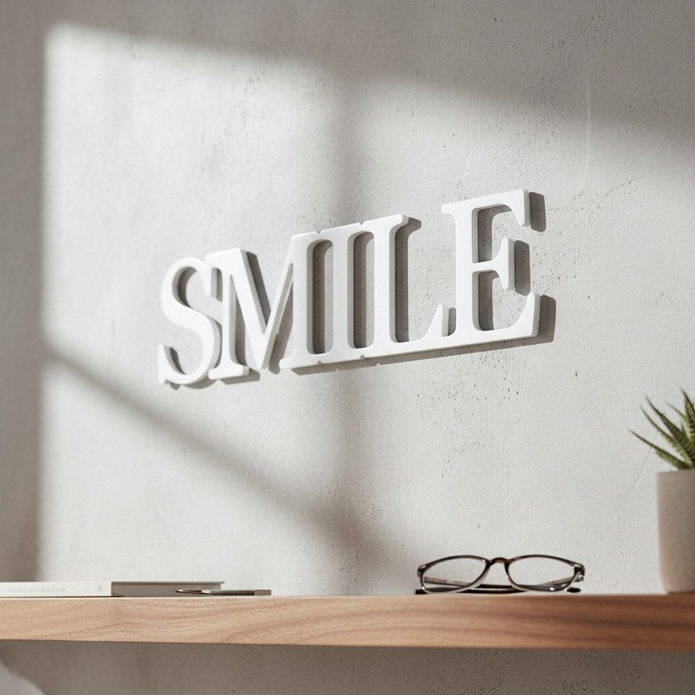 Mucola Deko-Schriftzug Dekoschild SMILE Weiß MDF Holzschrift Monogramm Tischdeko 3D (Stück), Aufhängbereit