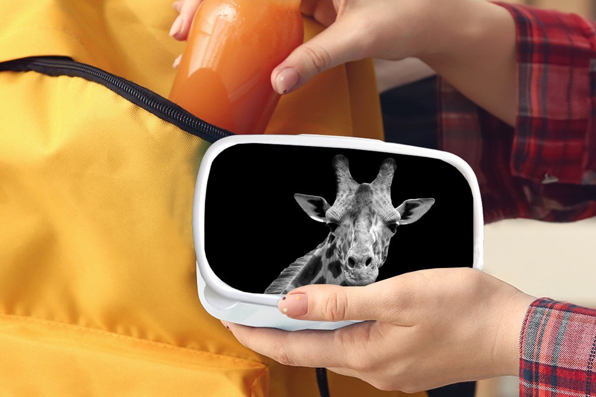 für Porträt, Kunststoff, - (2-tlg), Brotdose, und Weiß Erwachsene, und Kinder - Lunchbox MuchoWow für Mädchen - - Jungs Schwarz Brotbox Wildtiere Giraffe
