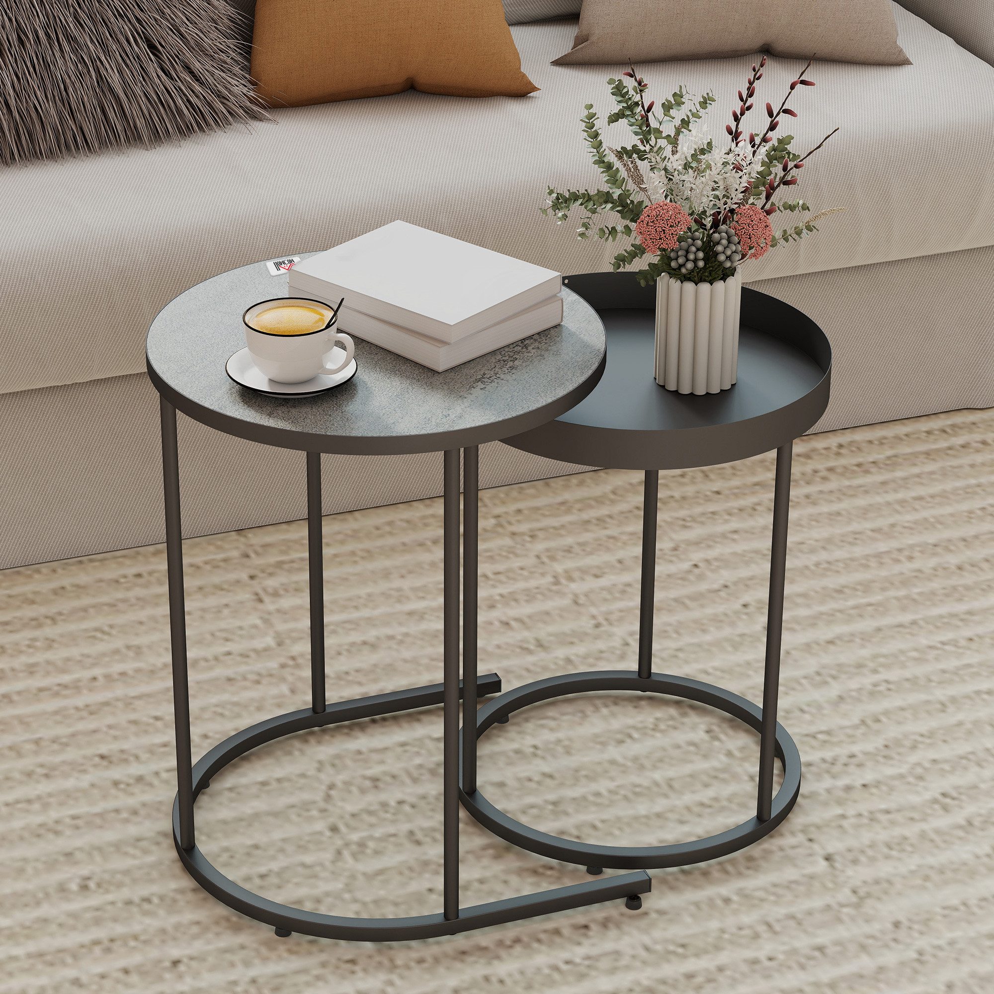 HOMCOM Beistelltisch Couchtisch 2er Set mit Tablett-Design, Holzoptik mit Metallgestell (2er Set Wohnzimmertisch, 2-St., Runder Couchtisch), für Wohnzimmer Grau