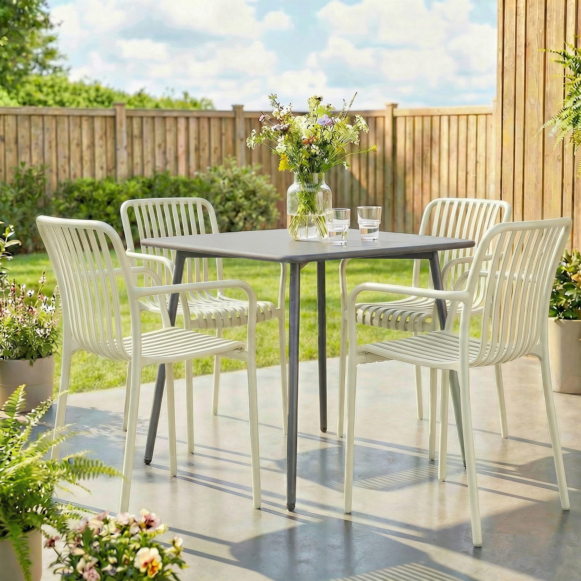 Outsunny Gartenstuhl Stapelbare Balkonstühle mit Lamelldesign-Armlehnen ergonomisch 120kg (Terrassenstühle, 4 St), für Garten, Balkon Terrasse 55 x 58,5 x 81,5 cm Cremeweiß