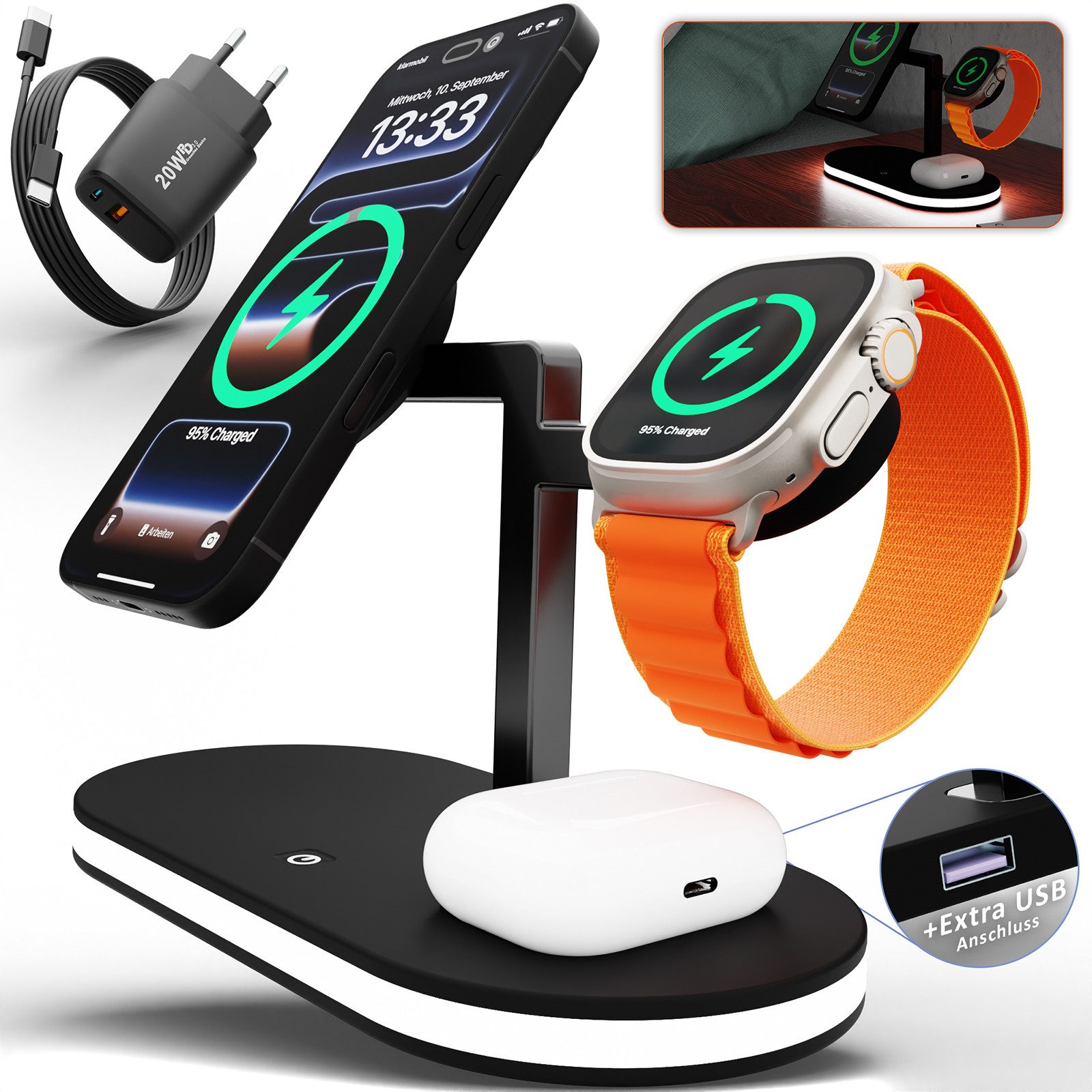 GreenHec Ladestation iPhone Apple Watch Induktiv LED-Licht Wireless MagSafe für Wireless Charger (3000 mA, Spar-Set, 3in1 PowerBase + USB-C Kabel + 20w Dual Charger, iPhone 18 17 16 15 14 13 Pro Max Air Plus Charger Induktionsladegerät)