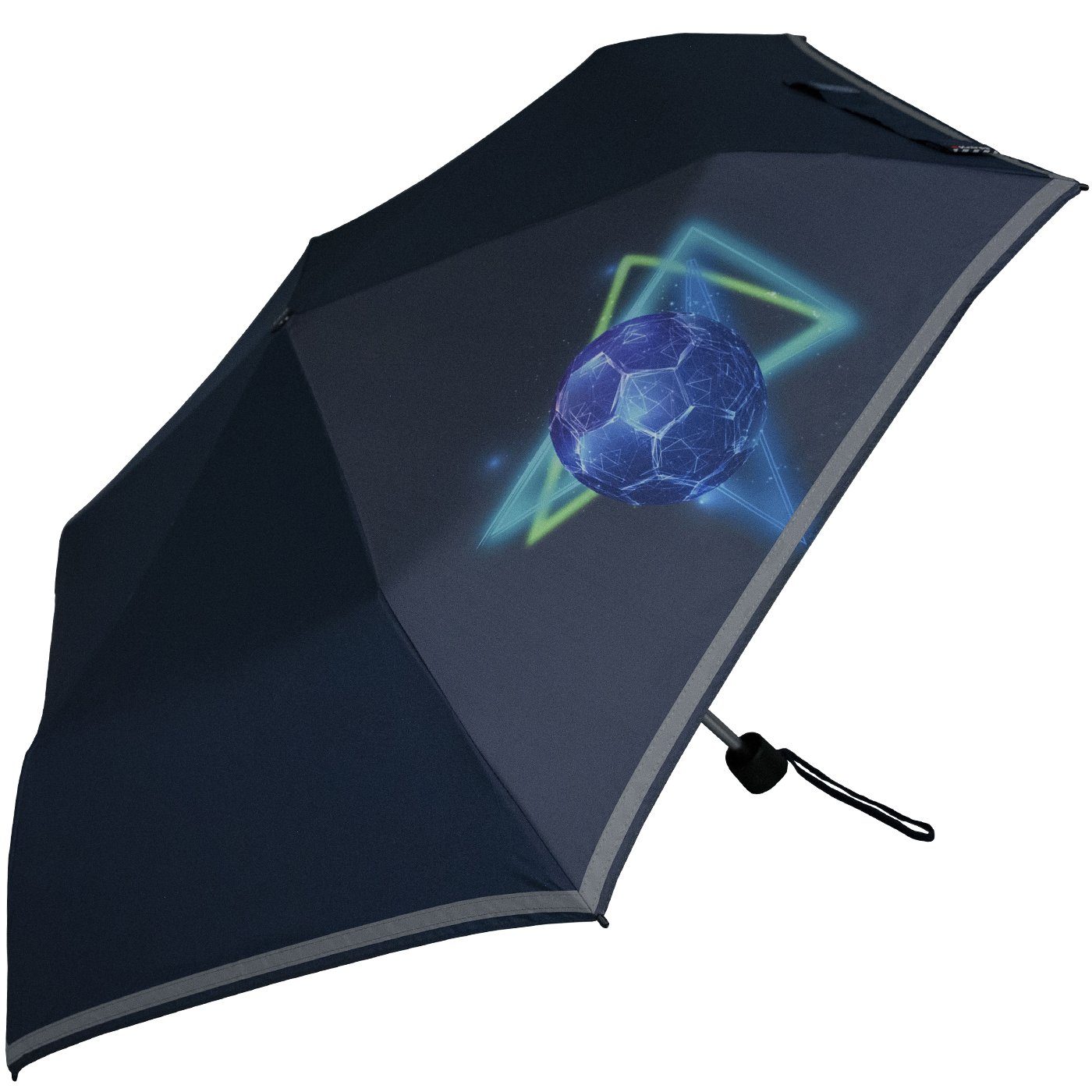 Taschenregenschirm Goal reflective dem 4Kids auf mit Knirps® Sicherheit Reflexborte, Kinderschirm Schulweg, blue Fussball,
