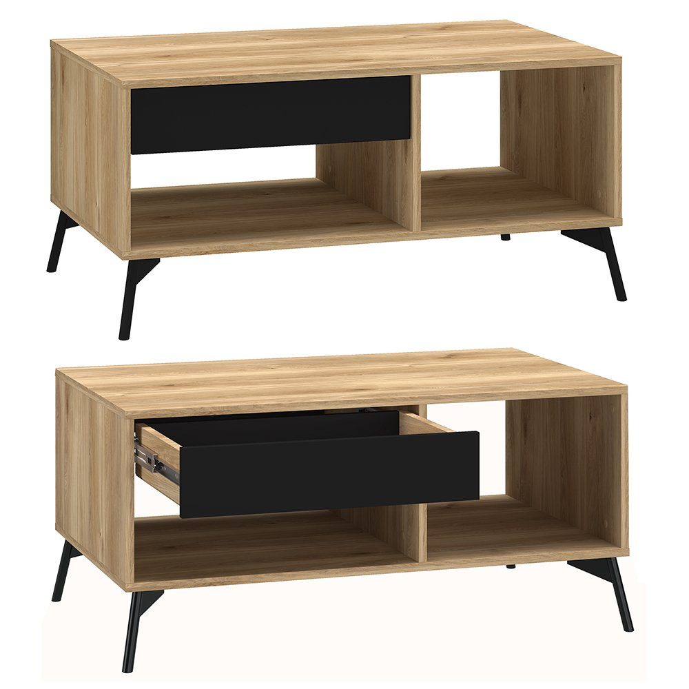 Lomadox Wohnwand ARONA-132, Couchtisch Sideboard (6-St., und Beleuchtung schwarzen Eiche Akzenten 6-tlg)