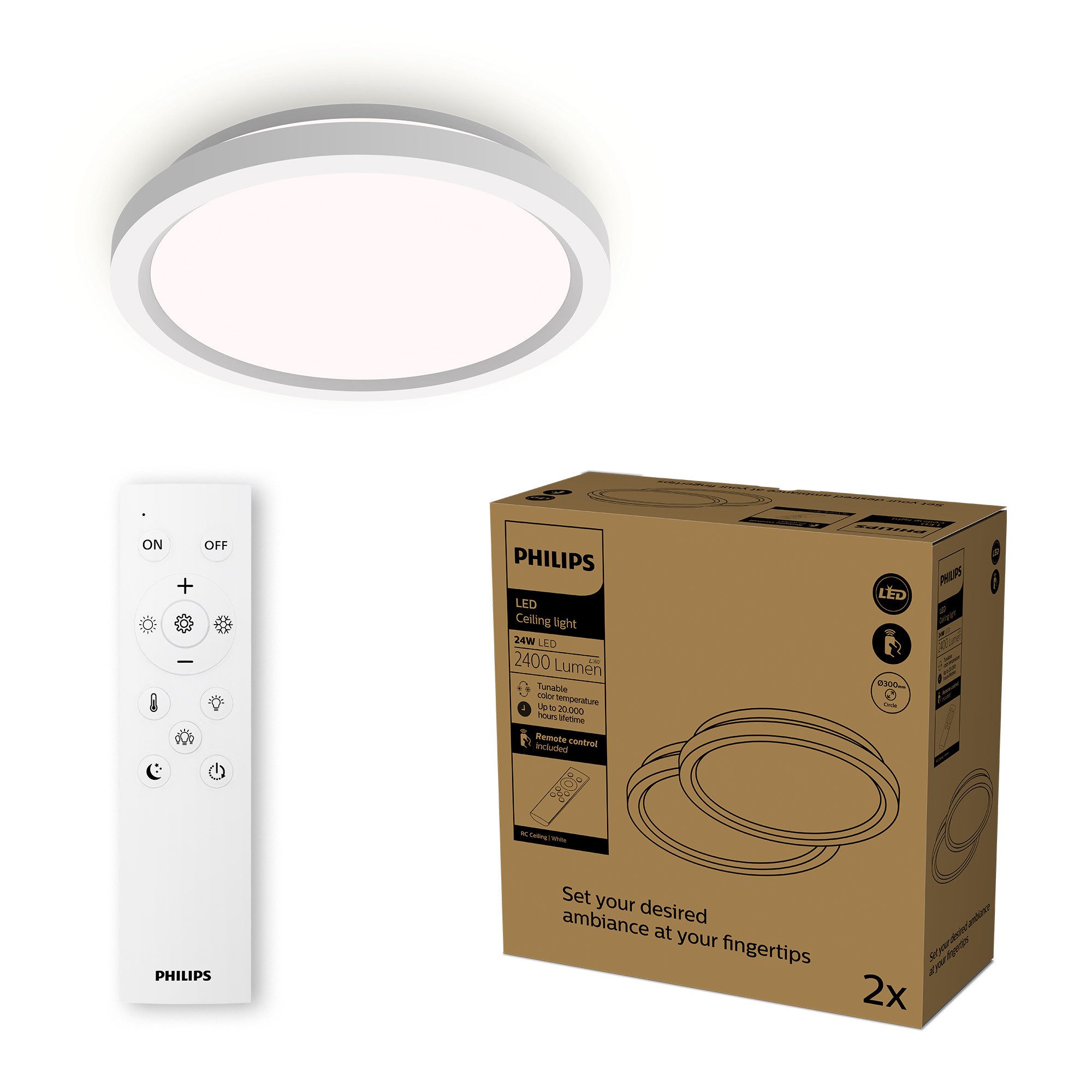 Philips LED Deckenleuchte Multipack 2x All In One 24W, 2400 Lumen, 30cm rund, CCT - über Fernbedienung, Dimmer, Dimmfunktion, Farbsteuerung, Fernbedienung, Infrarot inkl., Memoryfunktion, dimmbar über Fernbedienung, mehrere Helligkeitsstufen, LED fest integriert, warmweiß - kaltweiß, inkl. Fernbedienung