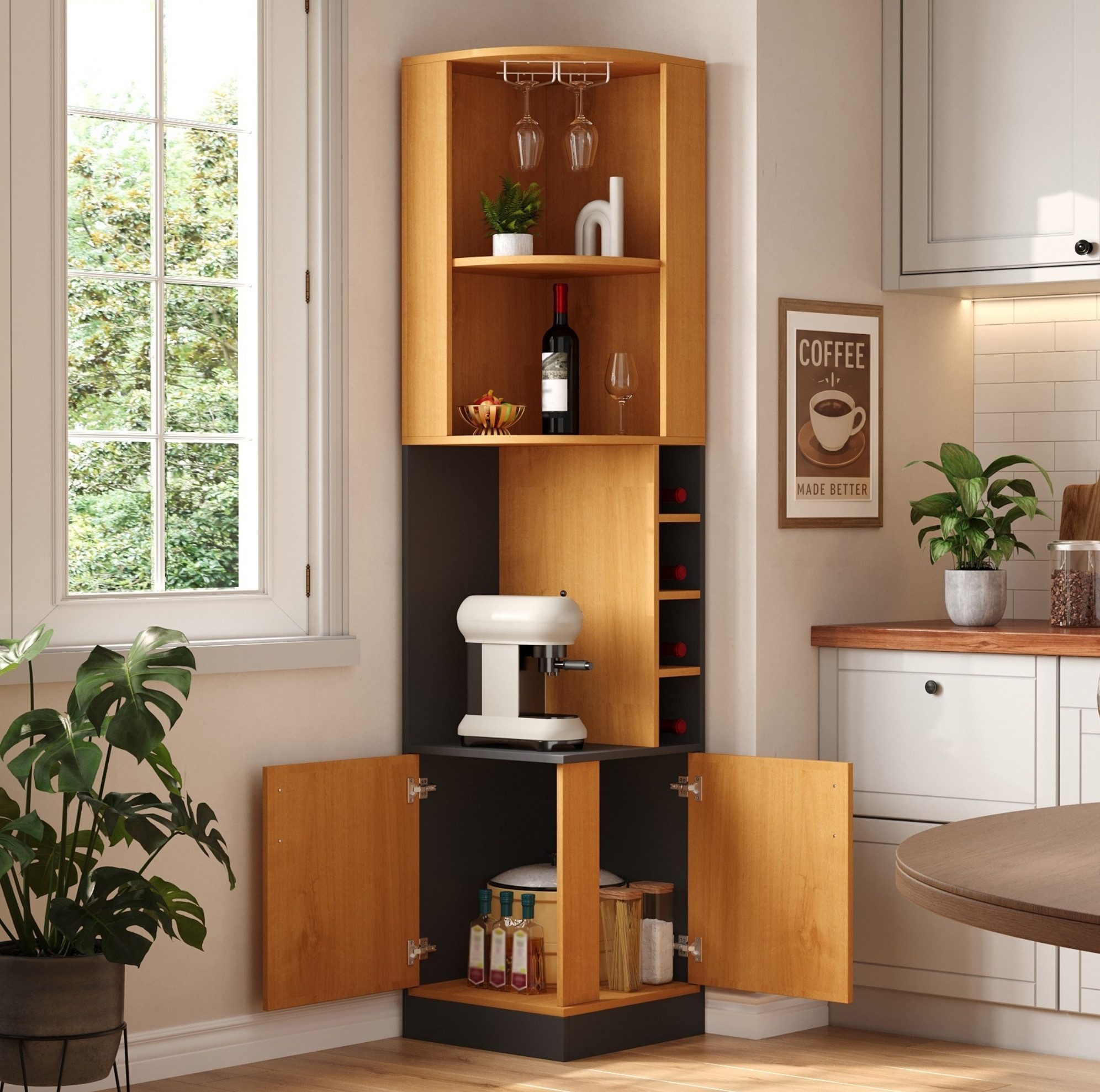 MODFU Eckschrank platzsparender Eck-Weinschrank (mit Weinglasregal, offenen Fächern, Weinfächern und geschlossenem Stauraum für Küche, Esszimmer & Wohnzimmer, 1-St., 40×40×182cm)
