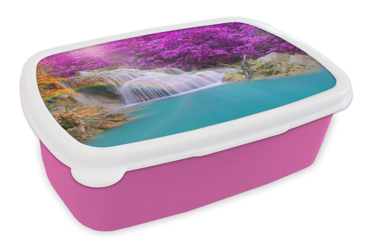 MuchoWow Lunchbox Wasserfall - Bäume - Regenbogen - Lila, Kunststoff, (2-tlg), Brotbox für Erwachsene, Brotdose Kinder, Snackbox, Mädchen, Kunststoff rosa
