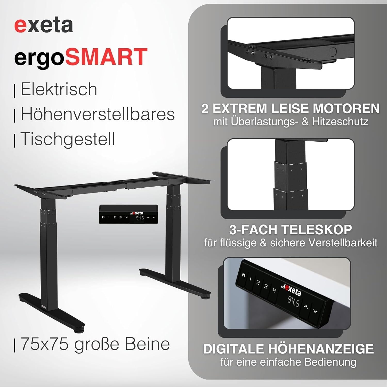 exeta Tischgestell ergoSMART Elektrisch höhenverstellbarer Schreibtisch mit 2 Motoren