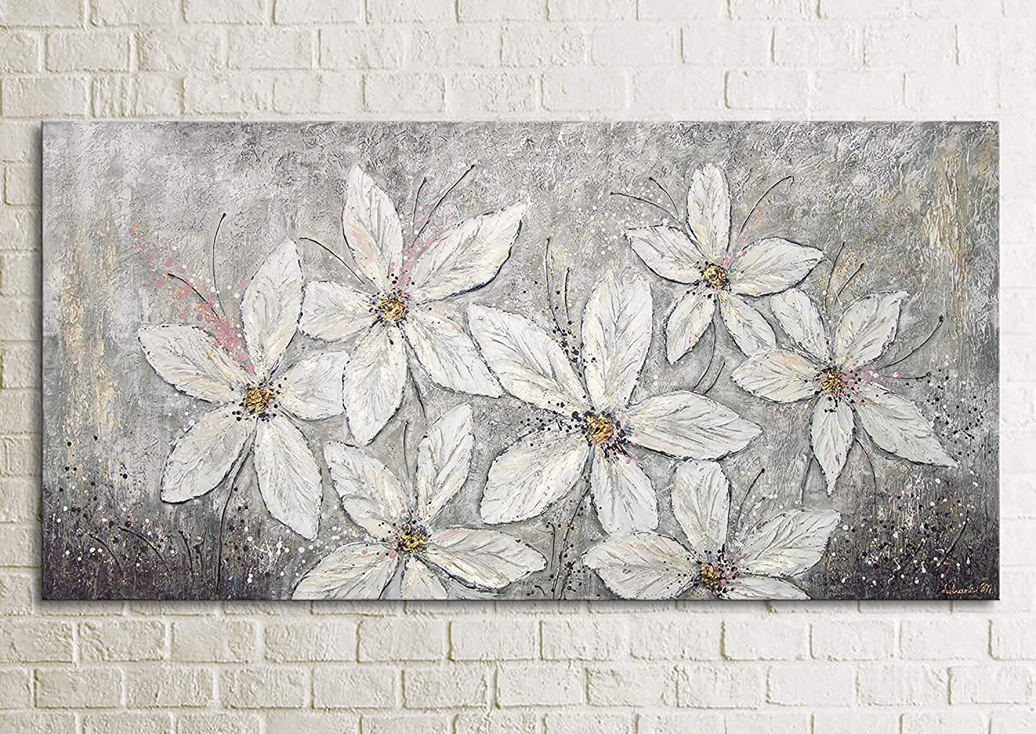 Blumen, Bild Blumen Leinwand YS-Art Grau Blumenparadies, Weiße Schwarz Gemälde Handgemalt