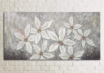 YS-Art Gemälde Blumenparadies, Blumen, Weiße Blumen Leinwand Bild Handgemalt Grau Schwarz