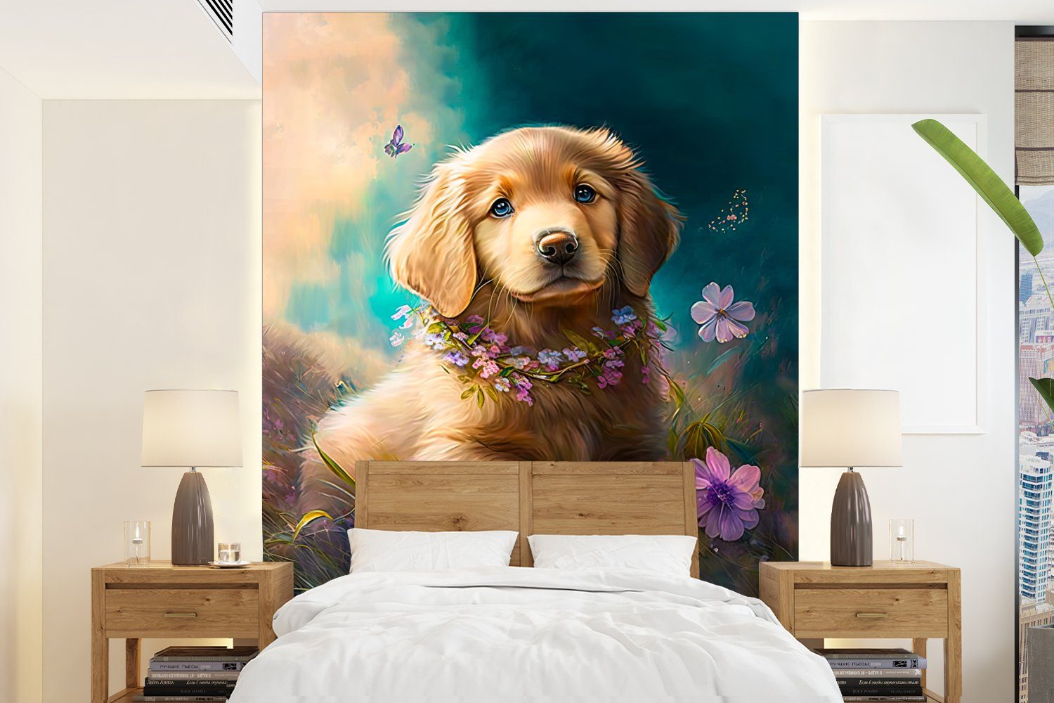 MuchoWow Fototapete Welpe - Blumenkranz - Schmetterling - Hund - Golden Retriever, Matt, bedruckt, (4 St), Montagefertig Vinyl Tapete für Wohnzimmer, Wandtapete