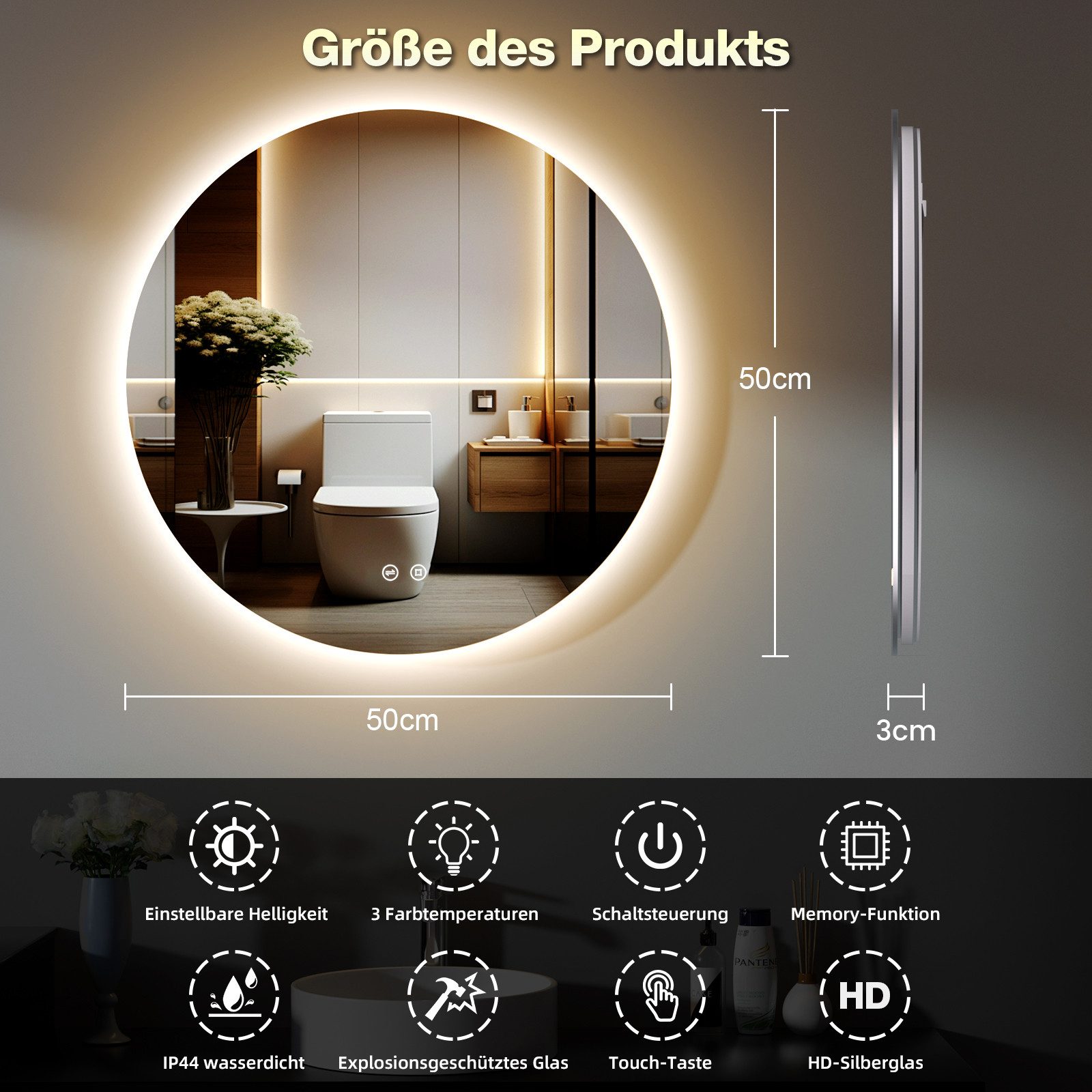 GIMBELEN Badspiegel LED-Badezimmer-Spiegel, 50 cm Rund LED Spiegel, 3 Farben, dimmbar, Touch, sparsam, Memory. – Bild 3 von 5