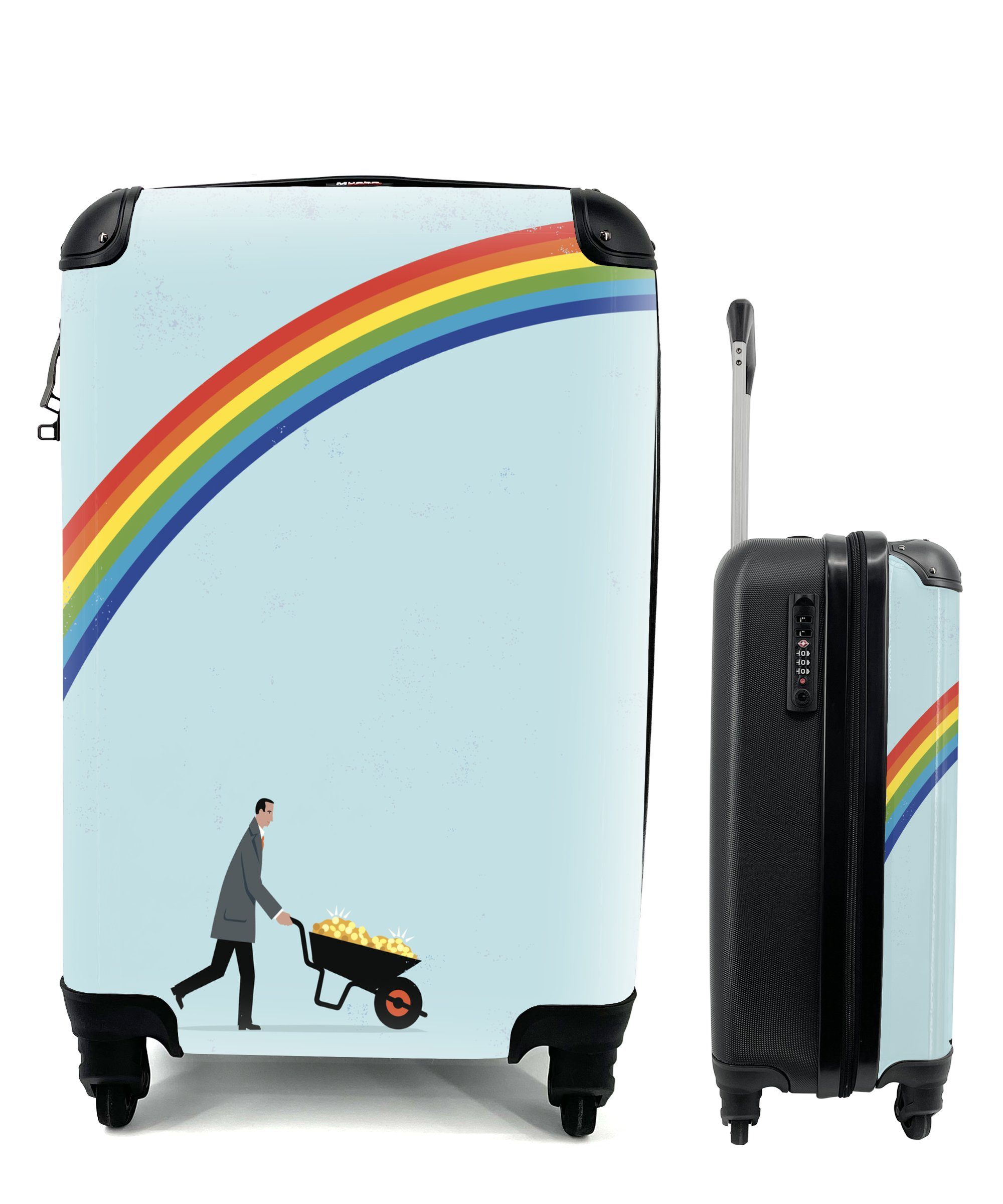 MuchoWow Handgepäckkoffer Eine Illustration eines einer Rollen, rollen, Schubkarre dem, 4 Ferien, mit unter Reisekoffer Mannes für Reisetasche Handgepäck mit Trolley