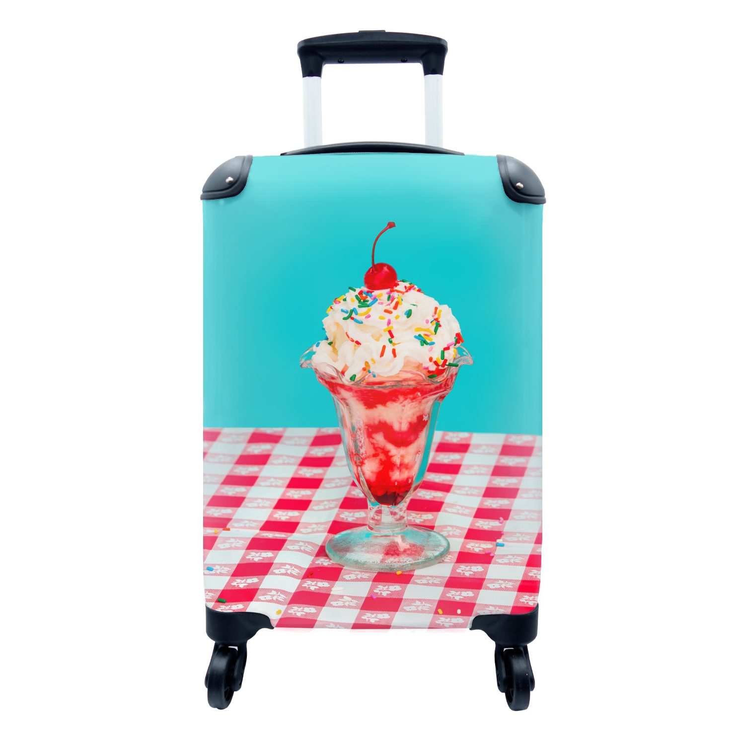 MuchoWow Handgepäckkoffer Fastfood-Eisbecher auf blauem Hintergrund, 4 Rollen, Reisetasche mit rollen, Handgepäck für Ferien, Trolley, Reisekoffer