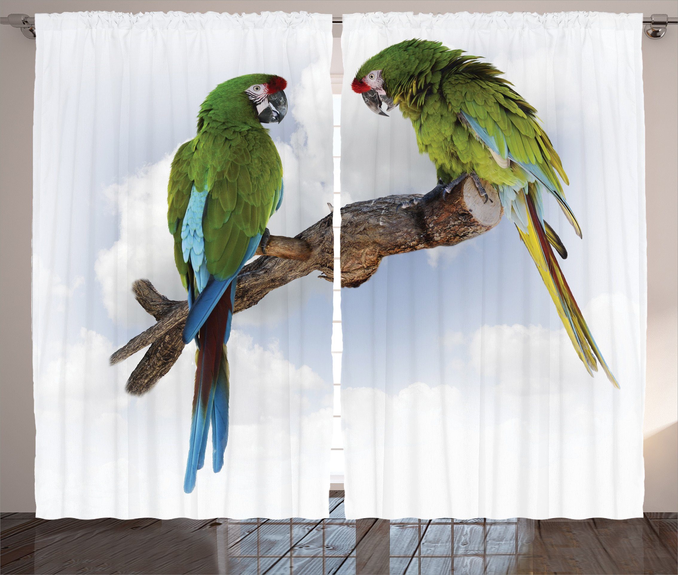 Gardine Schlafzimmer Kräuselband Vorhang mit Schlaufen und Haken, Abakuhaus, Tropisch 2 Parrot Ara Vogel