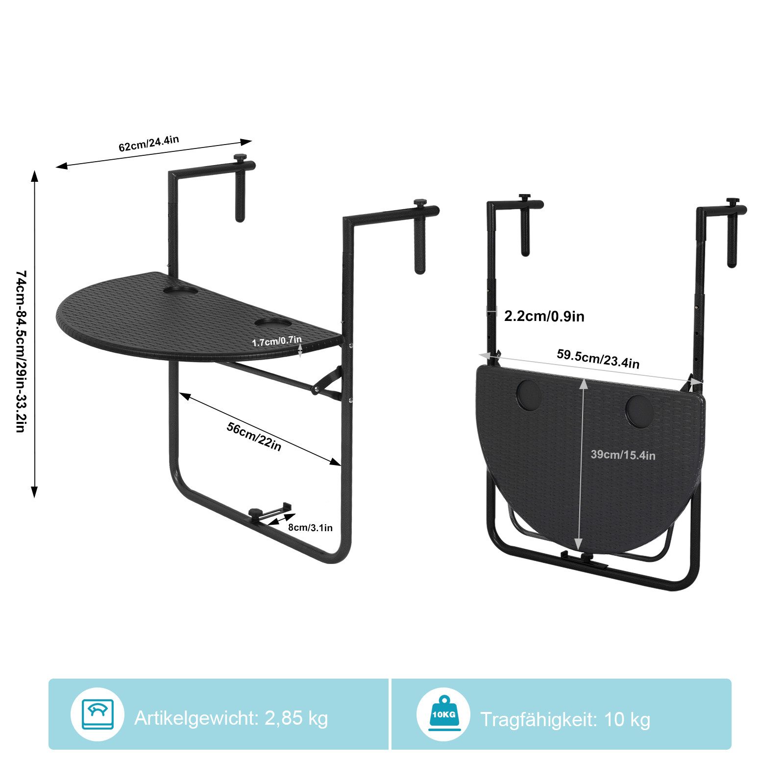 Woltu Balkonhängetisch (1-St), Gartentisch zum Hängen, klappbar mit 3 Höhen