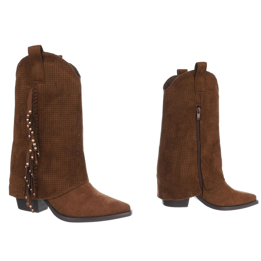 Ital-Design Damen Boots mit Fransen und perforiertem Design Westernstiefel (91154607) Blockabsatz Stiefel in Braun – Bild 4 von 5