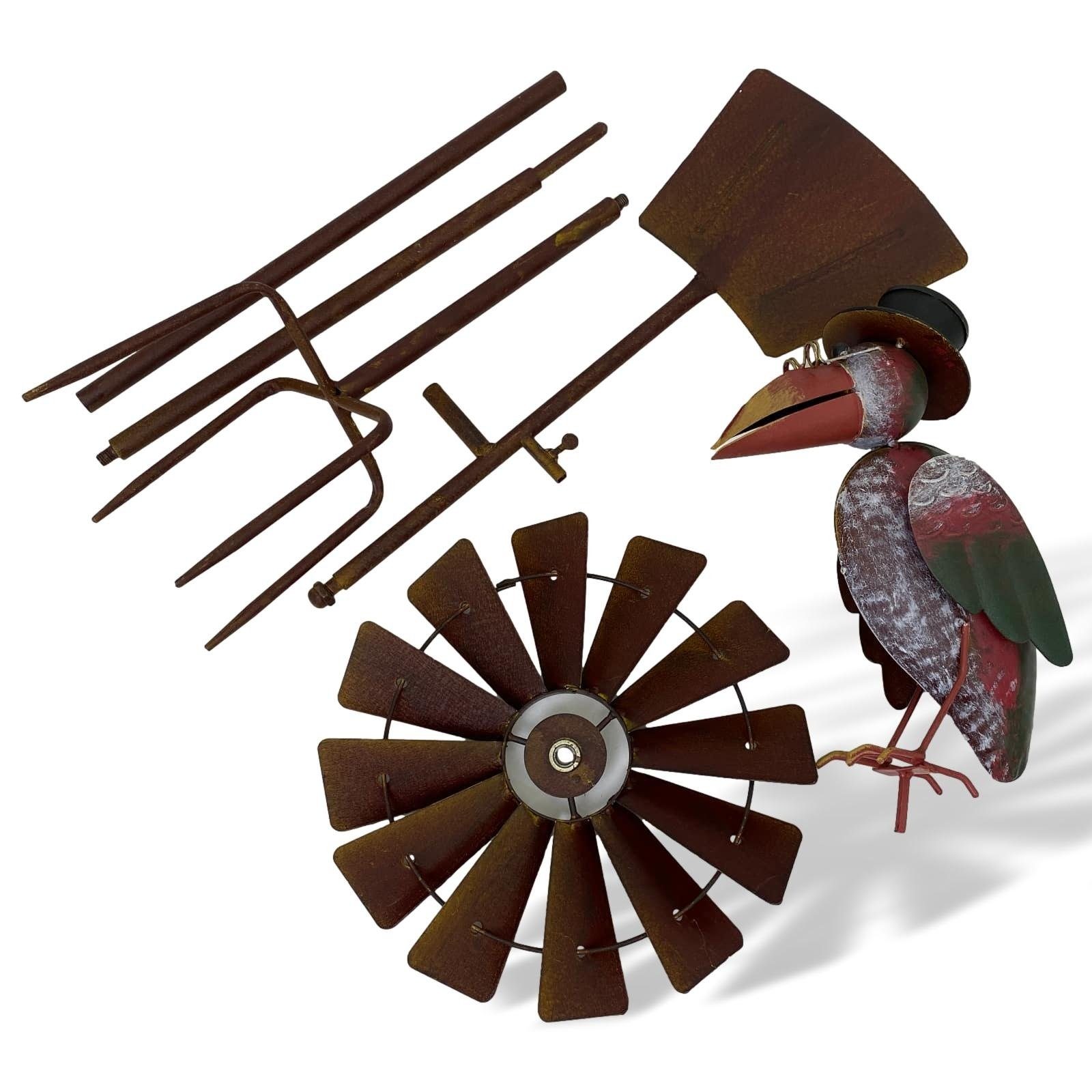 Aubaho Gartenfigur Windrad Gartenstecker Windspiel Beetstecker Vogel Metall 155cm rostig