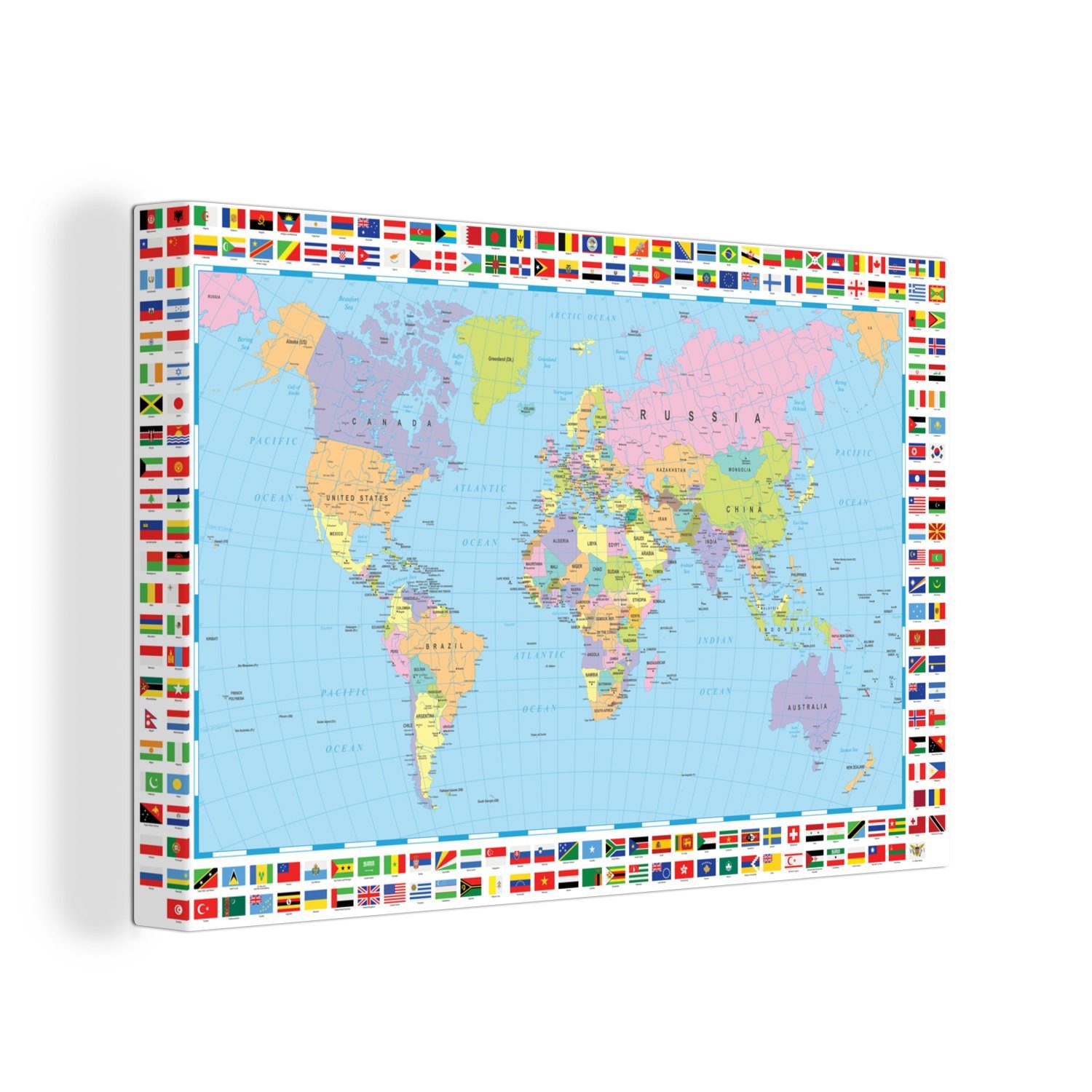 OneMillionCanvasses® Leinwandbild Welt - Karte - Flagge - Farben, (1 St), Wandbild Leinwandbilder, Aufhängefertig, Wanddeko, 30x20 cm