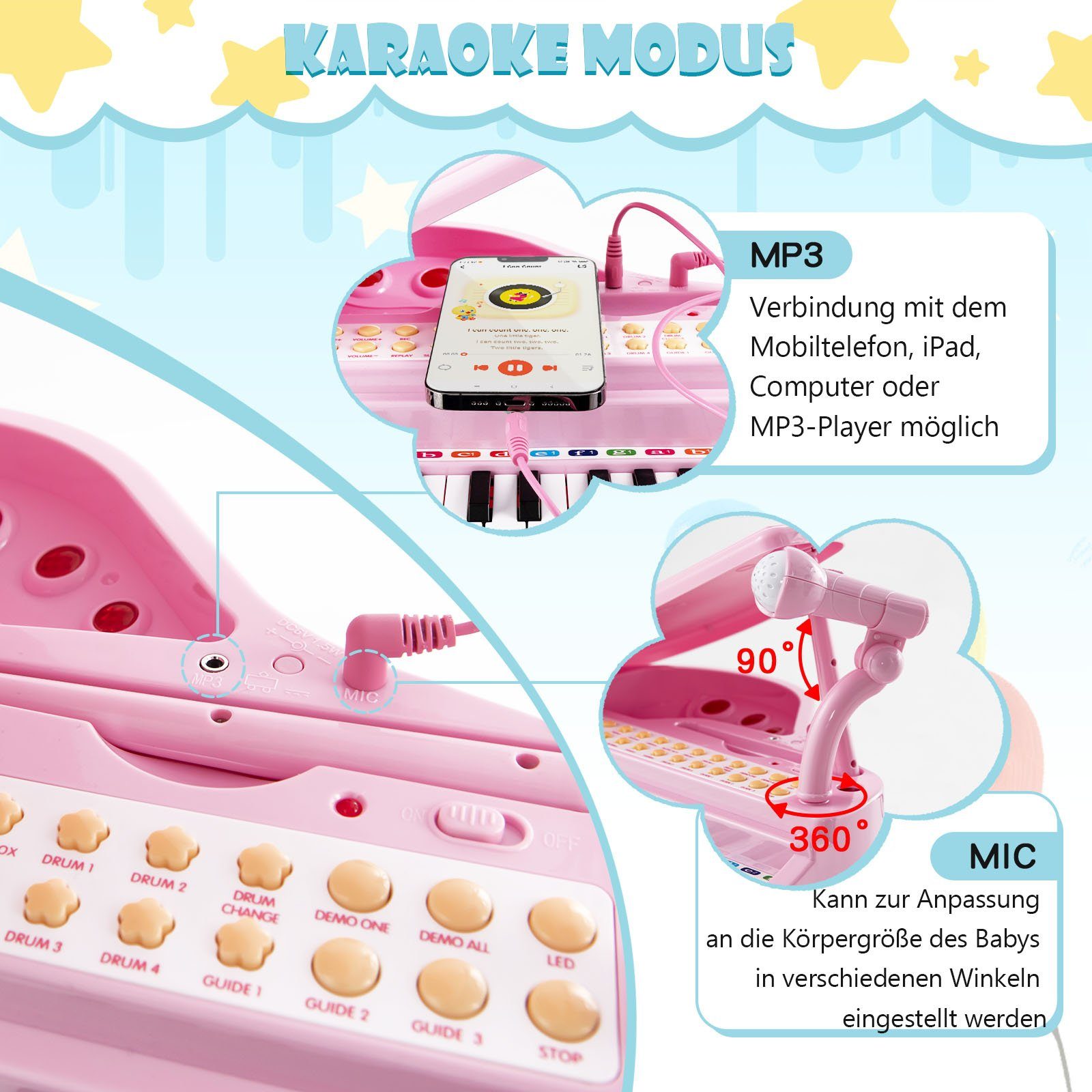 COSTWAY Spielzeug-Musikinstrument 31 Tasten Keyboard, mit Hocker & Mikrofon – Bild 3 von 5