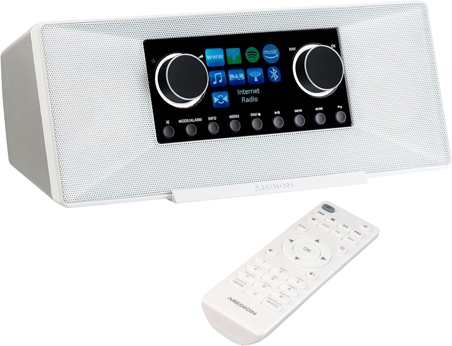 Medion® MEDION MD89289 P8533 Internetradio mit DAB+WLAN, UKW, USB Digitalradio (DAB) (Digitalradio (DAB), Amazon Music, Spotify, WiFi, MW/UKW, AUX-Eingang, Drahtlos, Kopfhörerbuchse, USB, Sleeptimer, Wecker, On/Off Switch, Stereo, FM-Radio, Fernbedienung, 6 W)