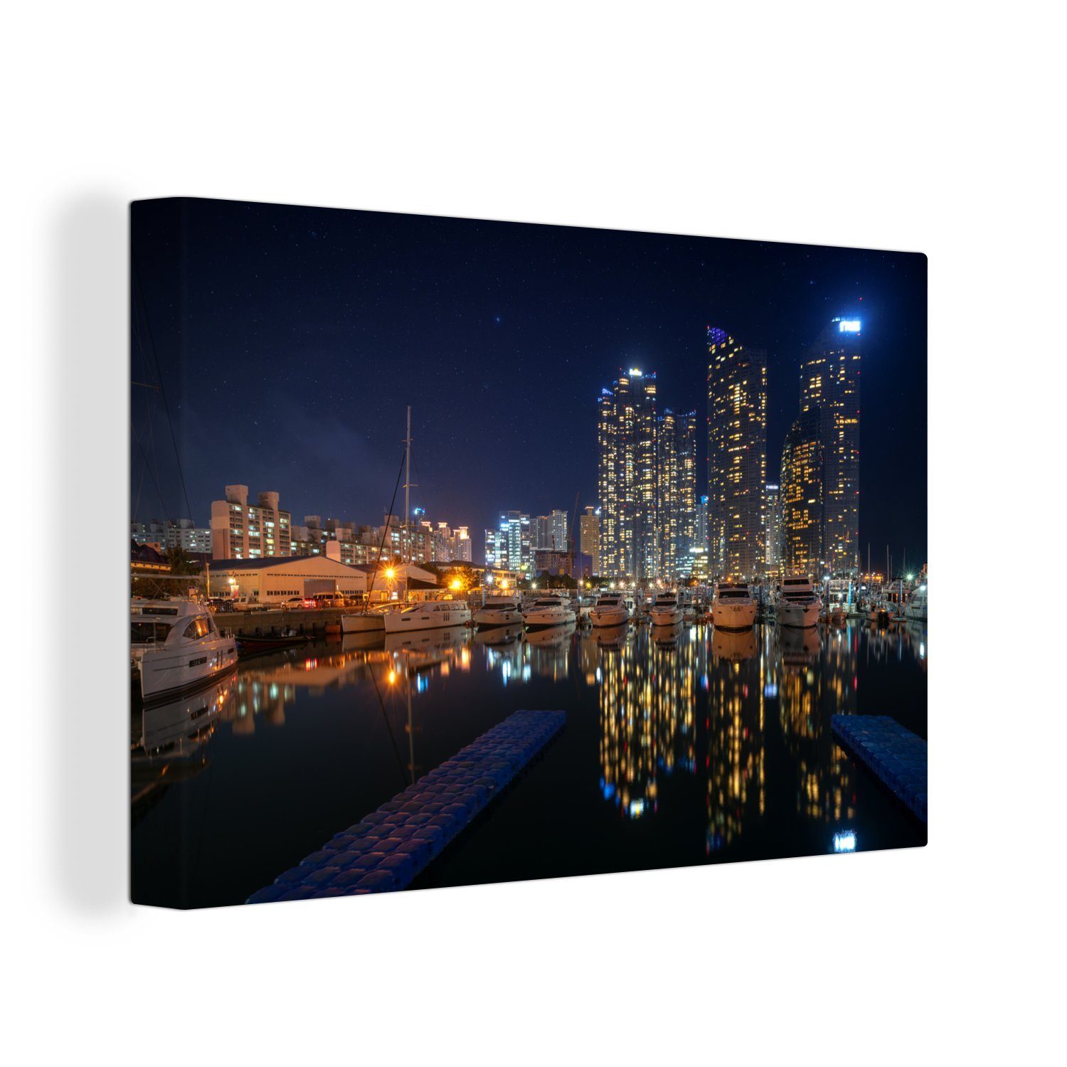 OneMillionCanvasses® Leinwandbild Stadtbild von Busan am Abend, (1 St), Wandbild Leinwandbilder, Aufhängefertig, Wanddeko, 30x20 cm