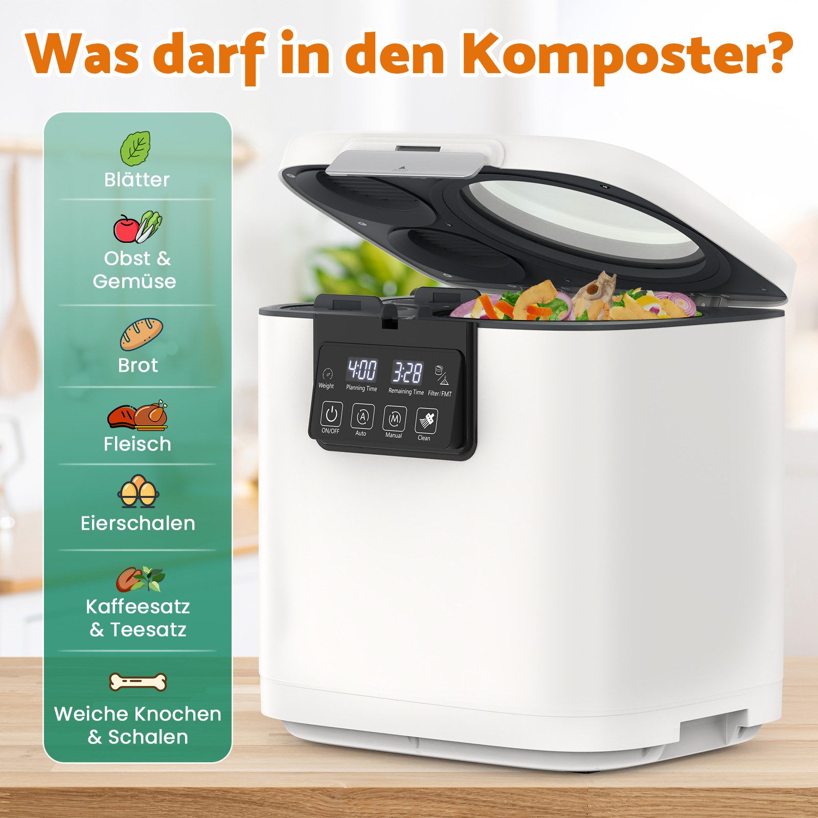 Rebonique Komposter Elektrischer Komposter mit Auto/Manual Mode, Zwei Aktivkohlefiltern, 4L, 90% Abfall-zu-Dünger-Umwandlung – Bild 4 von 5