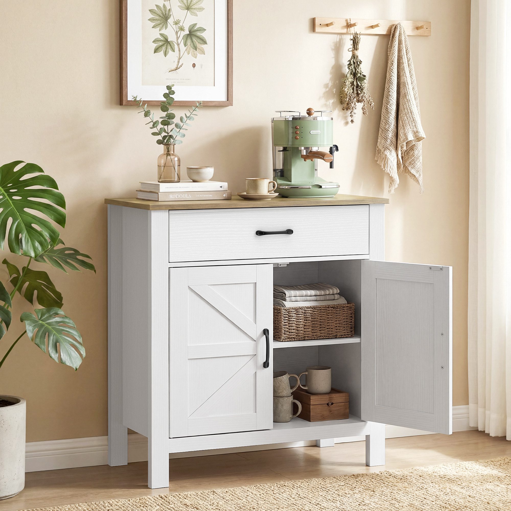 HOMCOM Sideboard Aufbewahrungsschrank Wohnzimmer (Beistellschrank, 1 St., 1), Landhausstil, große Schublade, höhenverstellbares Regal