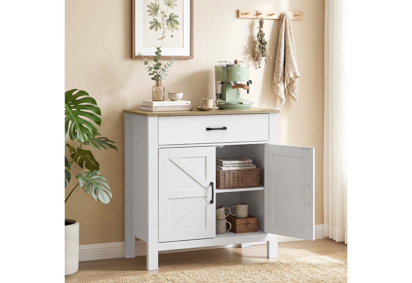 HOMCOM Sideboard Aufbewahrungsschrank Wohnzimmer (Beistellschrank, 1 St., 1), Landhausstil, große Schublade, höhenverstellbares Regal