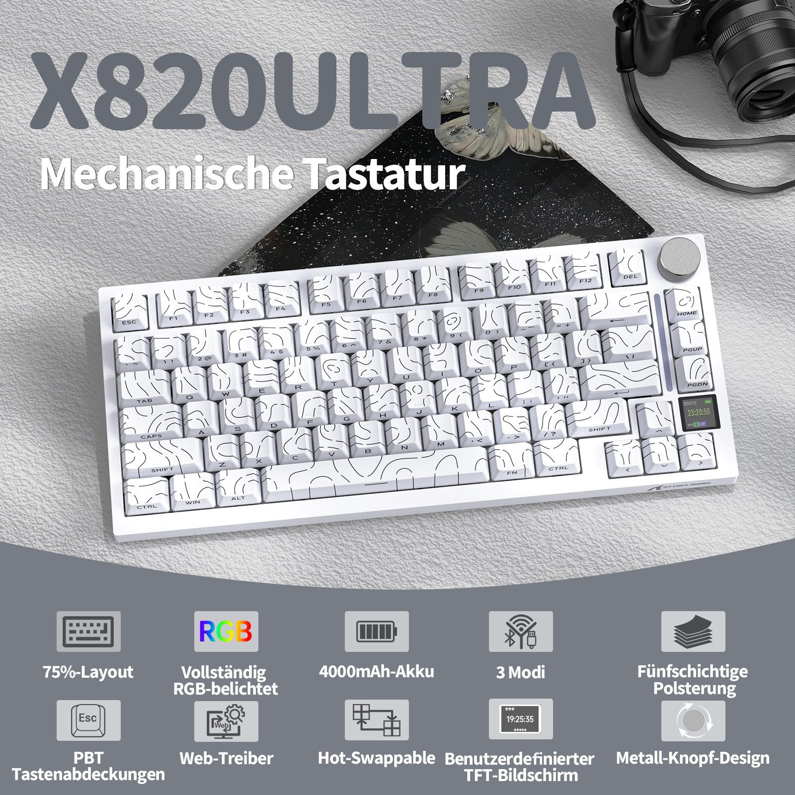 ATTACK SHARK X820 Ultra Mechanische Tastatur mit,75% ANSI-Layout, 2,4 GHz/BT/Wired Gaming-Tastatur (Gasket,TFT-Bildschirm und Knopf,5 Sound-Absorbing Foams,Hot- – Bild 2 von 5