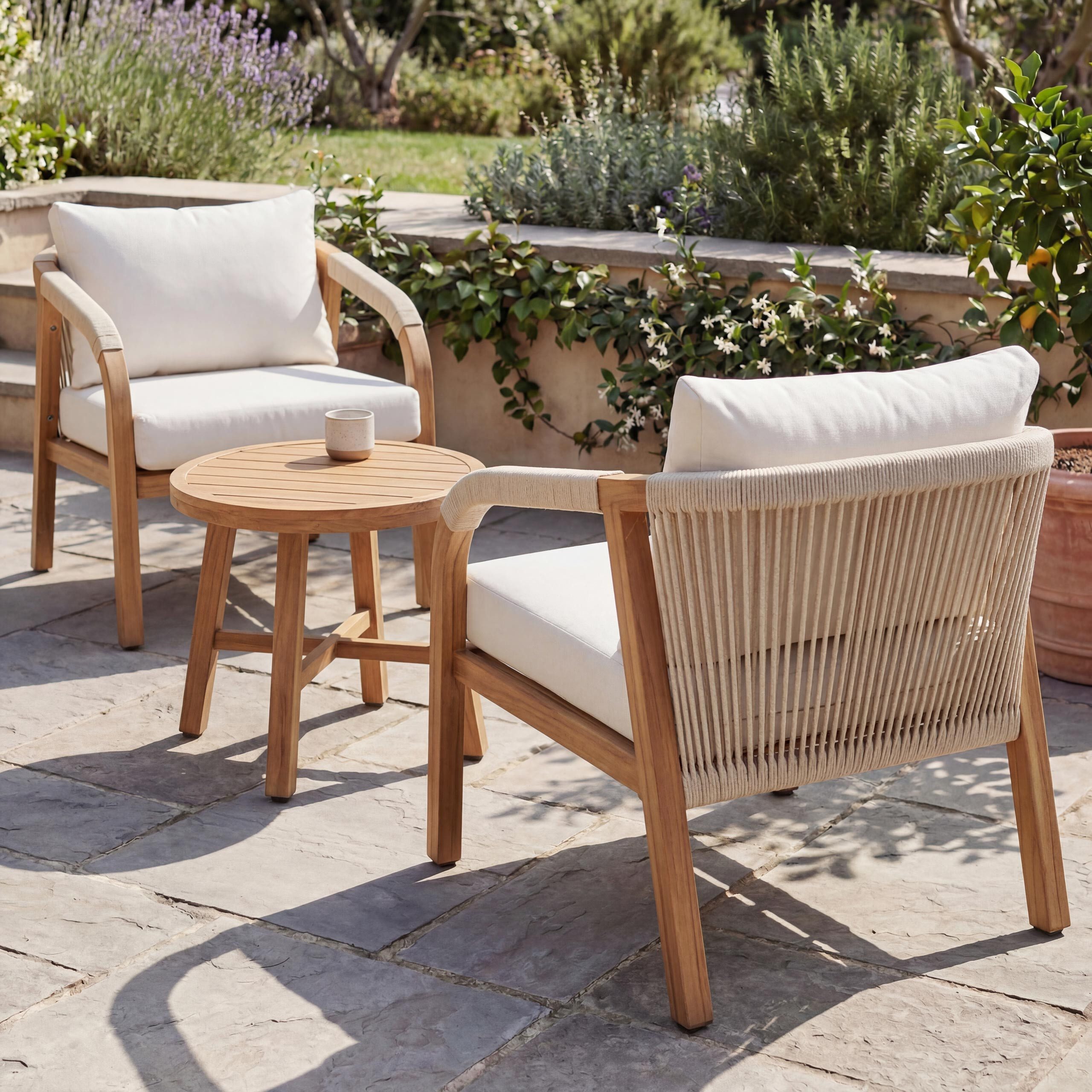 MCW Loungeset MCW-P82, (Set, 3-tlg), Mit elastischem Seilgeflecht, Inkl. wetterfeste Sitz- und Rückenkissen