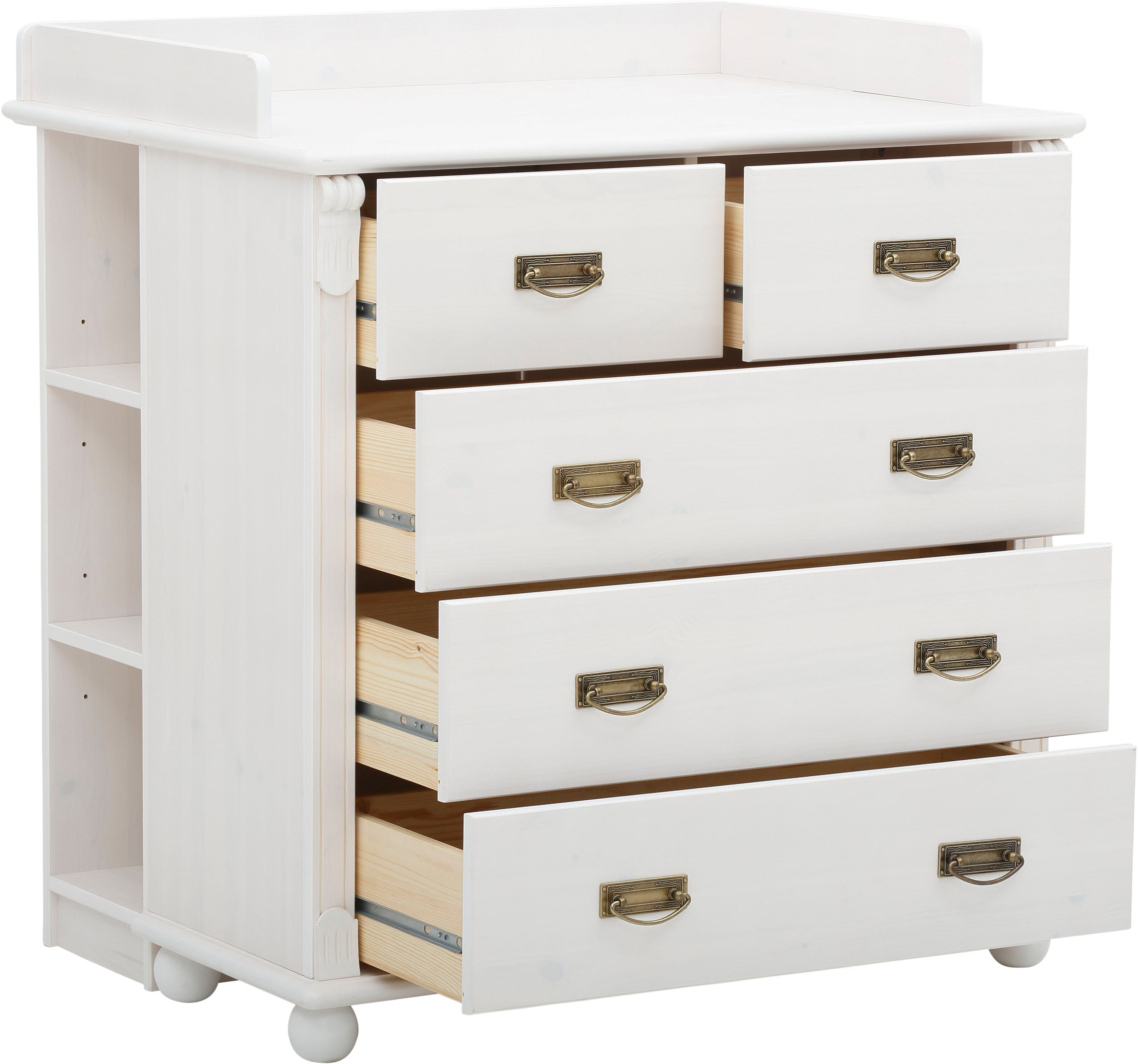 Lüttenhütt Babyzimmer-Komplettset Aimo, luxoriöser Landhausstil, Messinggriffe, (Spar-Set, 3-tlg., Kinderbett, Wickelkommode, Unterbauregal, 5 Schubladen), aus Massivholz; FSC®-Holz aus gewissenhaft bewirtschafteten Wäldern