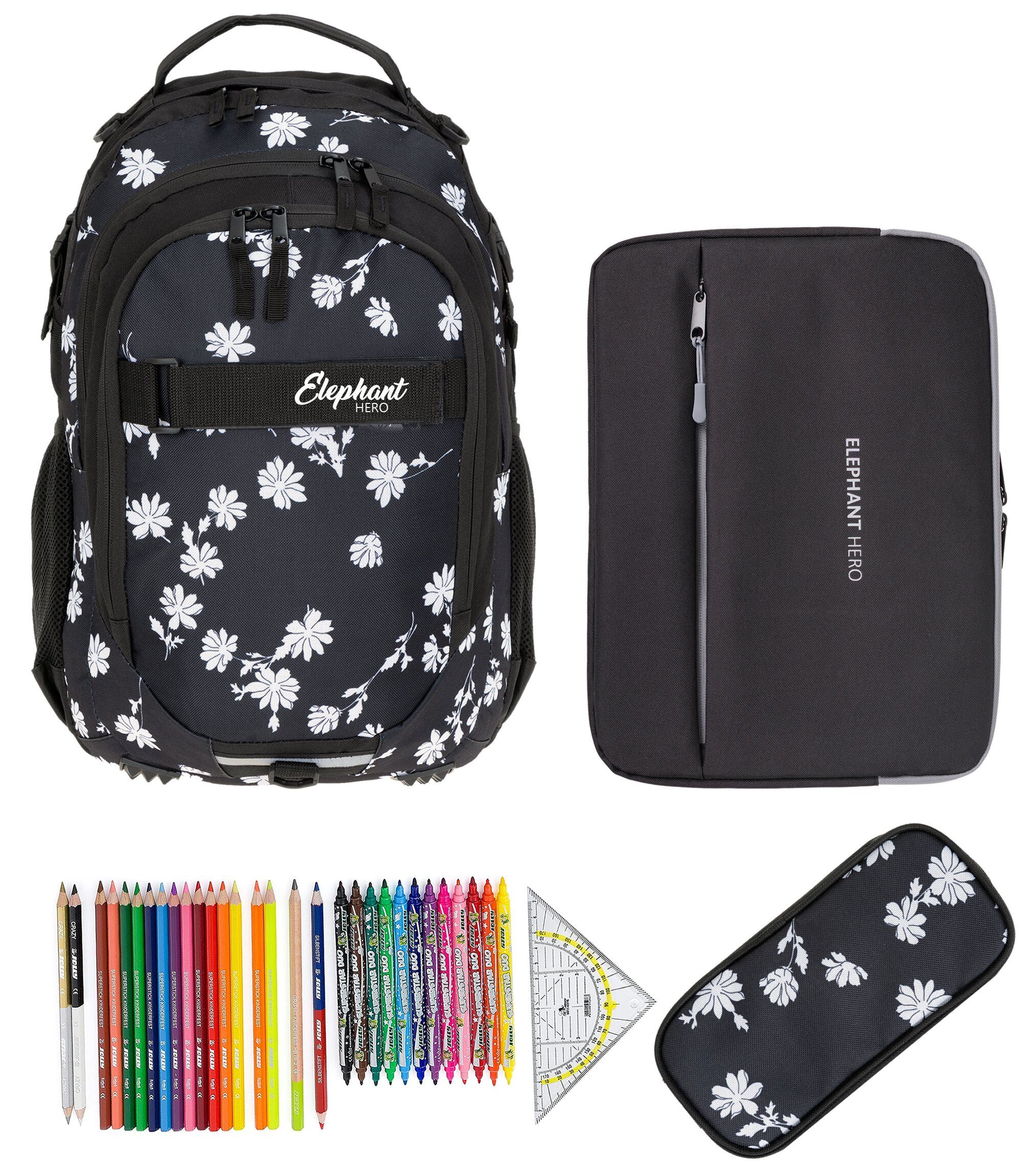 ELEPHANT Schulrucksack Hero Signature Schultasche Digital Ready Set (4 Teile Schulrucksackset, 4-tlg., inkl. Mäppchen Box + Laptop Hülle Sleeve + 31 Teile Stifte), Rucksack Schulmappe Jungen Mädchen +rmlv