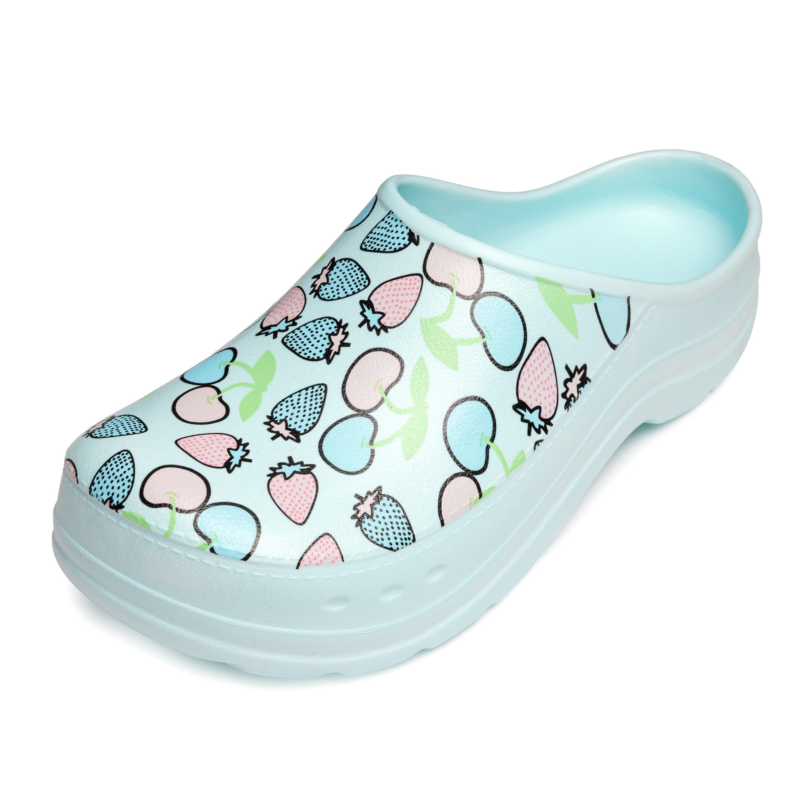 Ladeheid Gartenclogs für Damen Ultraleicht EVA Gemustert Gartenschuhe LA-CA-27 Clog (36 EU, Aquablau/Fruchtmotiv2) Wasserdicht & Flexibel