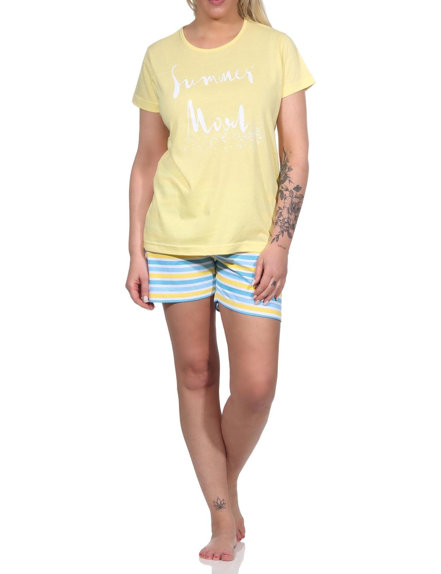 RELAX by Normann Pyjama Damen Shorty kurzarm Pyjama mit Front-Print und Ringel-Optik