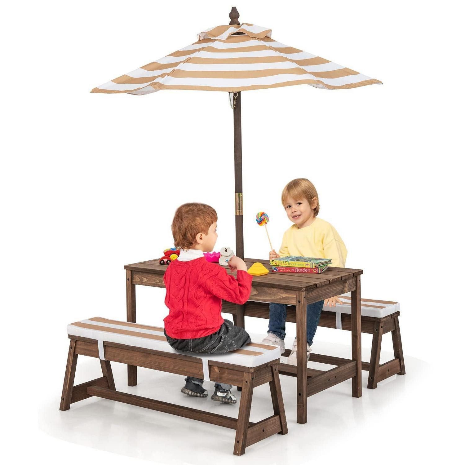 LuxusKollektion Garten-Kindersitzgruppe Kindersitzgruppe mit Sonnenschirm Tannenholz braun