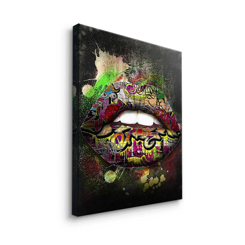 Lips Wandbild Leinwandbild Graffiti DOTCOMCANVAS® - Art - Pop modernes Leinwandbild, Rahmen - Premium schwarzer