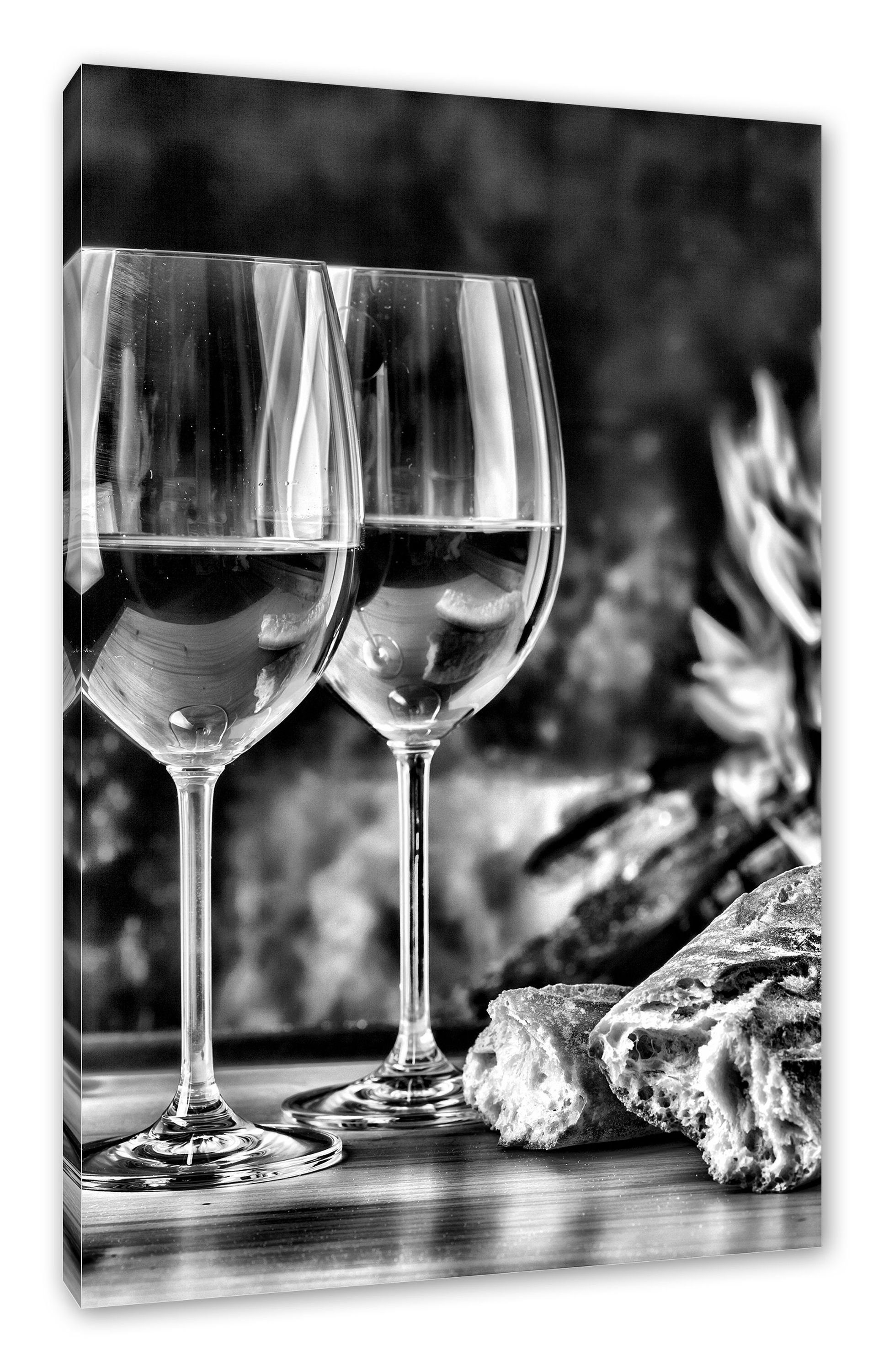 Pixxprint Leinwandbild Baguette Wein fertig inkl. Alkohol, Wein Leinwandbild bespannt, St), Zackenaufhänger Alkohol (1 Baguette