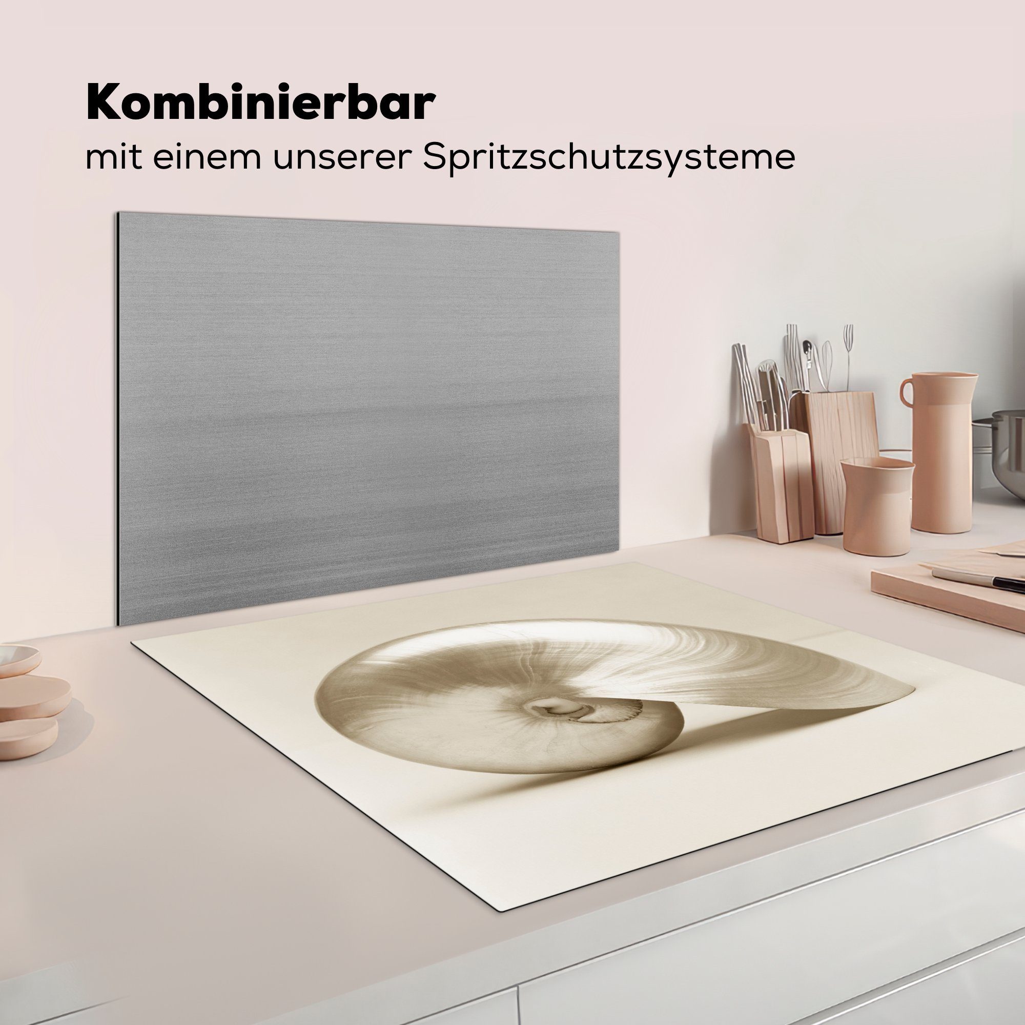 Herdblende-/Abdeckplatte Vinyl, cm, küche Muschel -Weiß, (1 tlg), Ceranfeldabdeckung, -Perle Arbeitsplatte 78x78 für MuchoWow