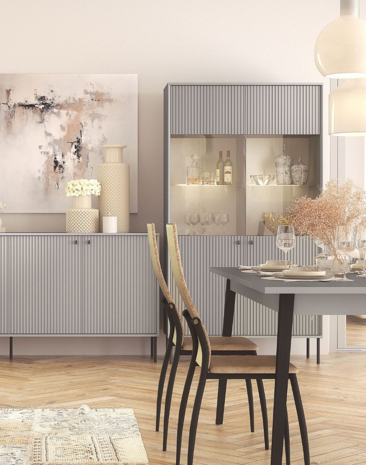 Raumhirsch Furniture Kommode Sideboard, Wohnschrank, Anrichte, praktisch Schrank (Maße: 105,4 x 89,2 x 40,5 cm, Einfache Montage, stabile Konstruktion), inkl. 2 Türen, 3 Schubladen, Riffeloptik MDF Fronten
