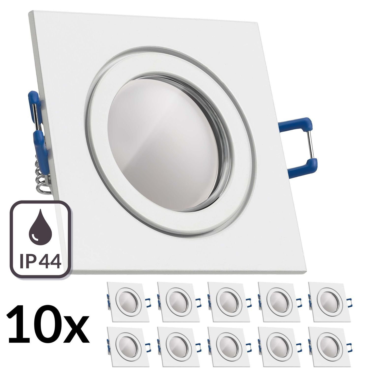 LEDANDO LED Einbaustrahler 10er IP44 LED Einbaustrahler Set Weiß mit LED GU10 Markenstrahler von