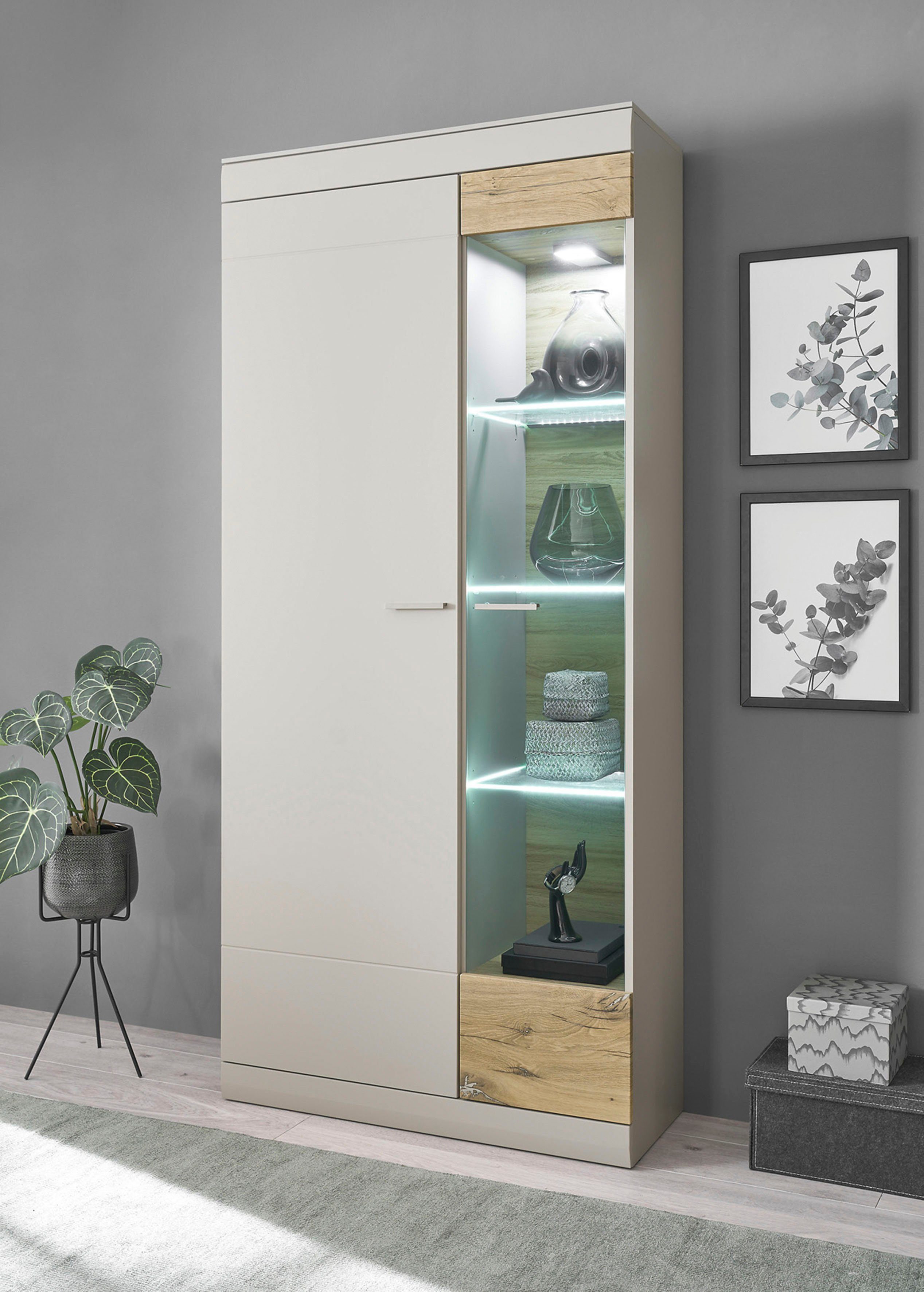 INOSIGN Vitrine SCARA mit Applikation Zinneiche Dekor, Breite 90 cm, mit Softclose-Funktion